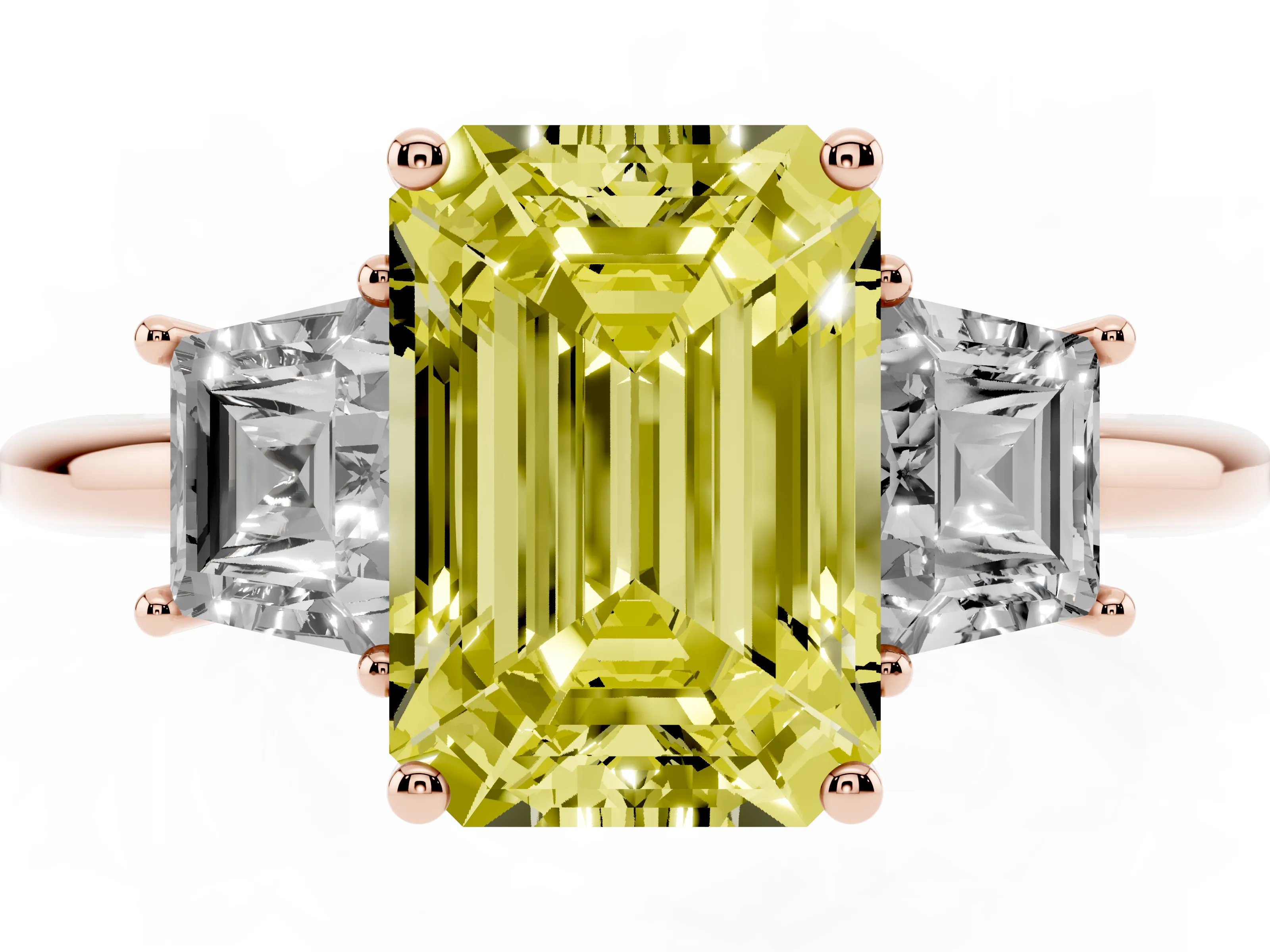 Fancy Yellow Emerald Cut Diamond Three-Stone Ring Set in Rose gold with Trapezoid Side Stones and Prong Setting