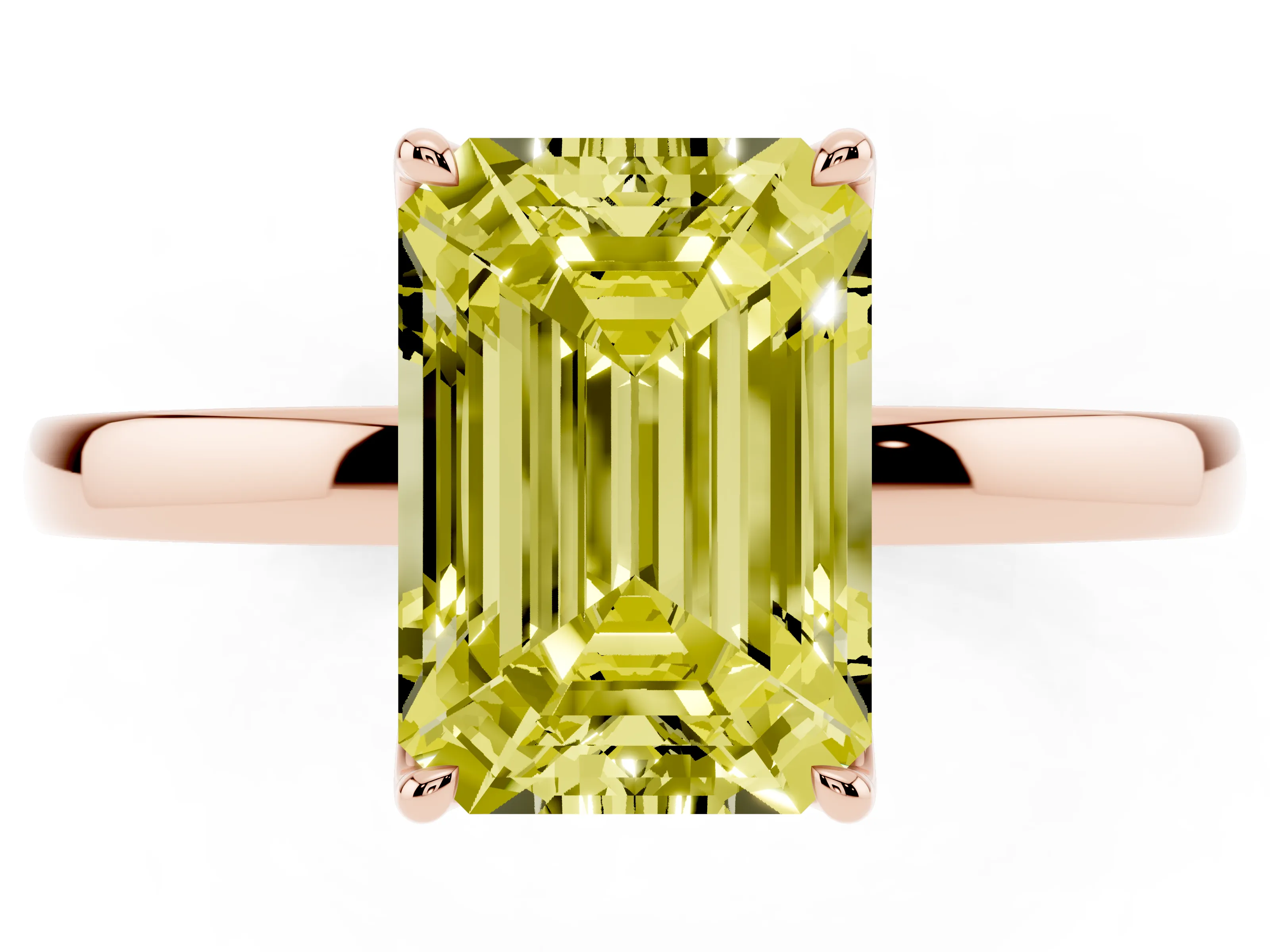 Fancy Yellow Emerald Cut Diamond Solitaire Ring Set in Rose gold with Prong Setting and Thin Polished Band