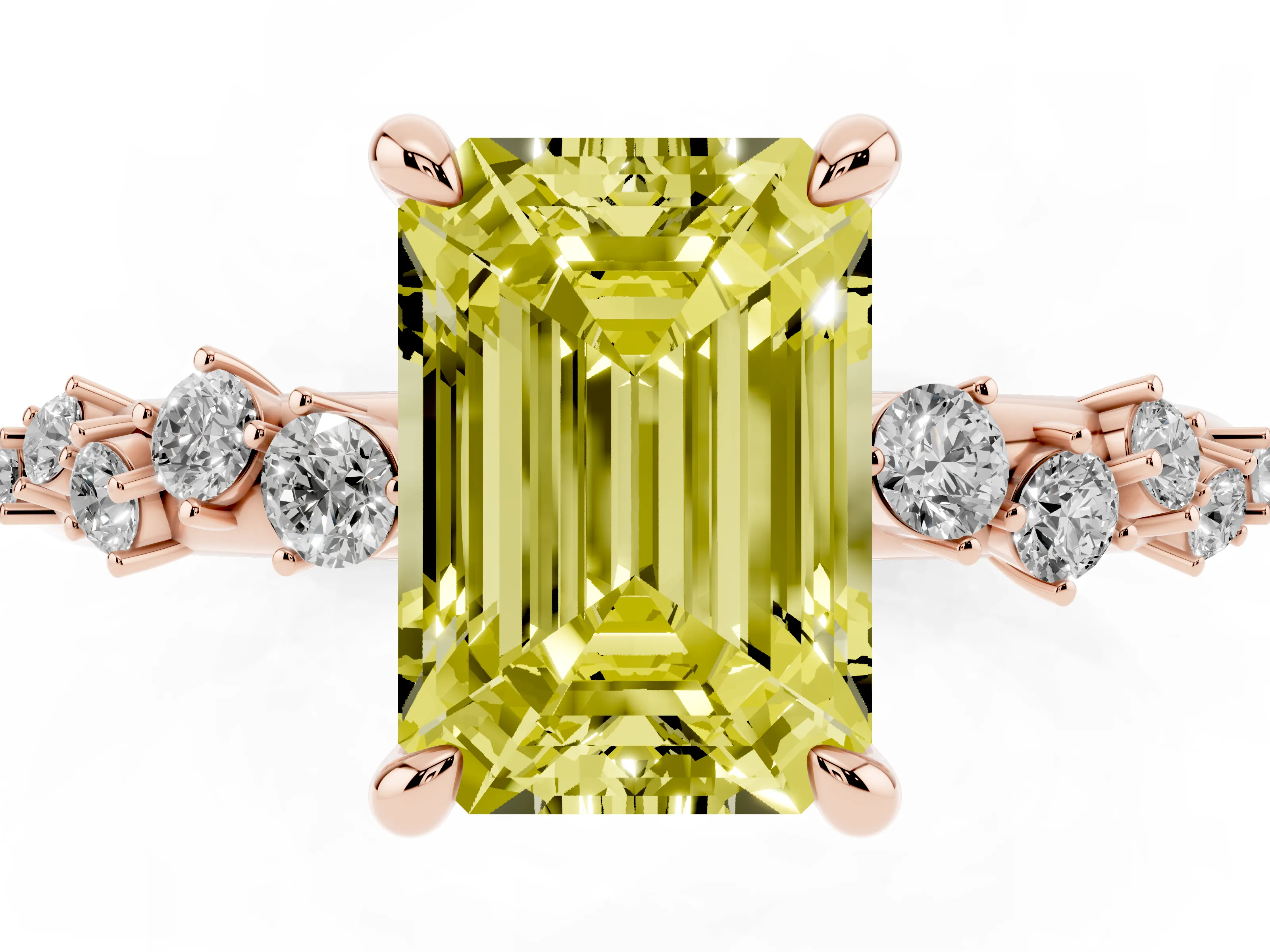 Fancy Yellow Emerald Cut Diamond Solitaire Vine Band Ring Set in Rose gold with Round Accents and Prong Setting