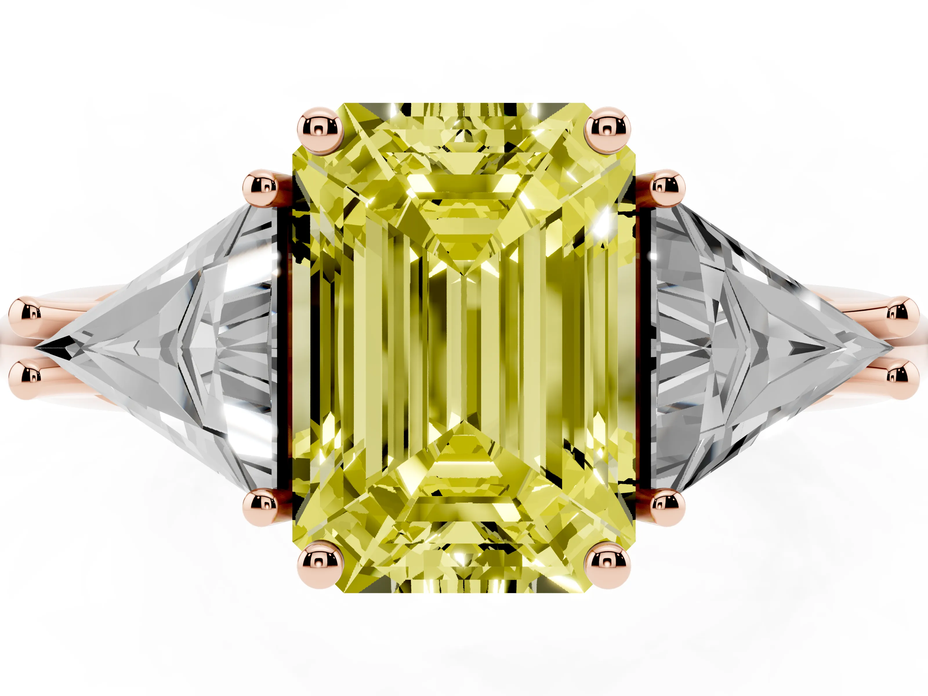 Fancy Yellow Emerald Cut Diamond Three-Stone Engagement Ring Set in Rose gold with Trillion Side Stones