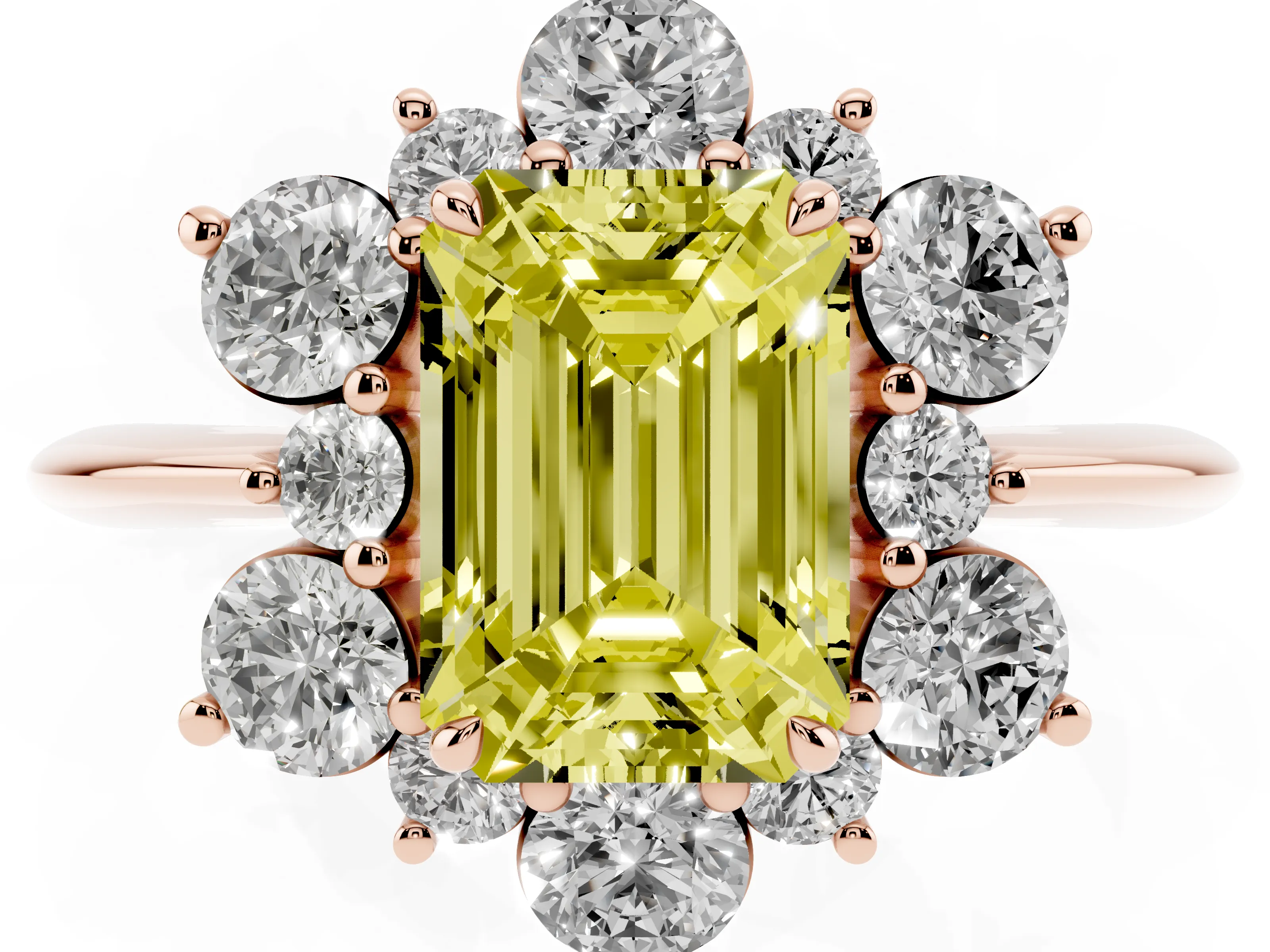 Fancy Yellow Emerald Cut Diamond Cluster Halo Ring Set in Rose gold with Solitaire Band and Prong Setting