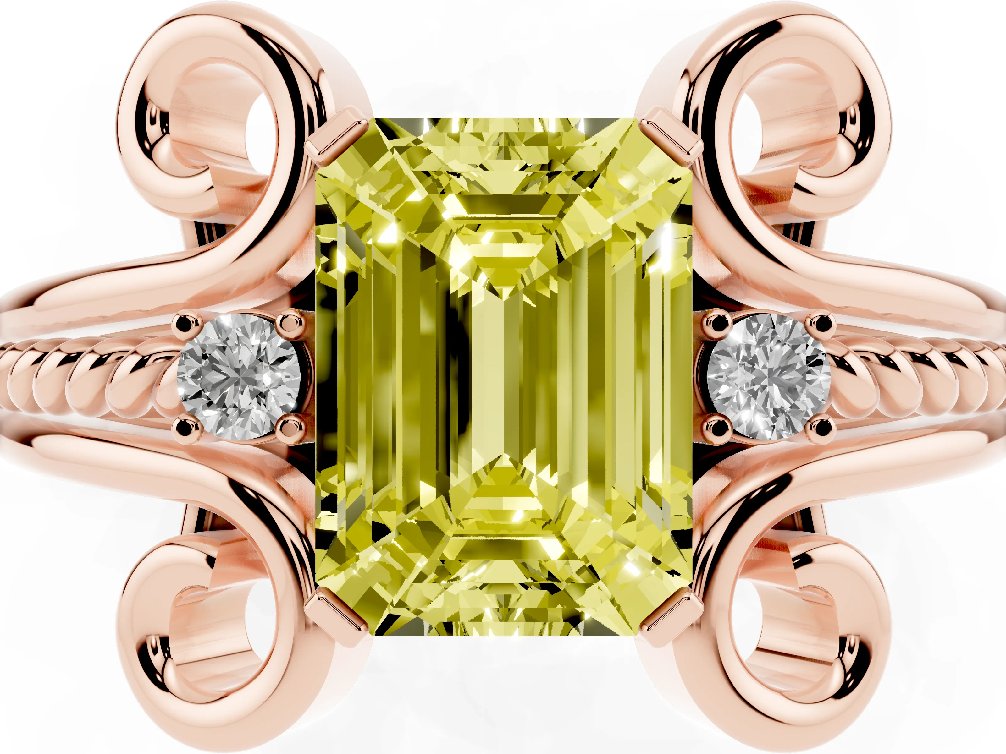 Fancy Yellow Emerald Cut Diamond Twisted Band Solitaire Ring Set in Rose gold with Scroll Prongs