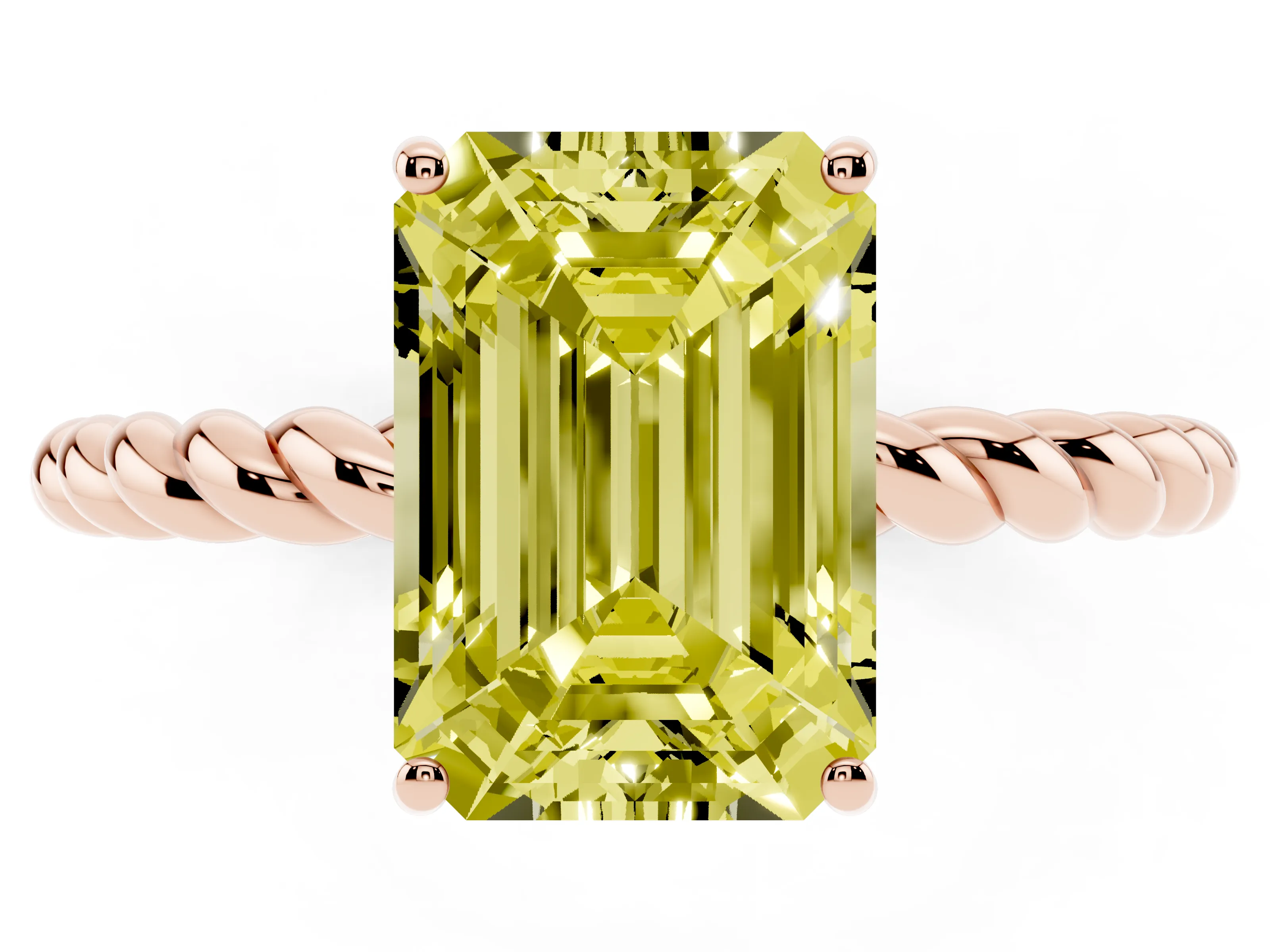 Fancy Yellow Emerald Cut Diamond Solitaire Ring Set in Rose gold with Twist Band and Prong Setting