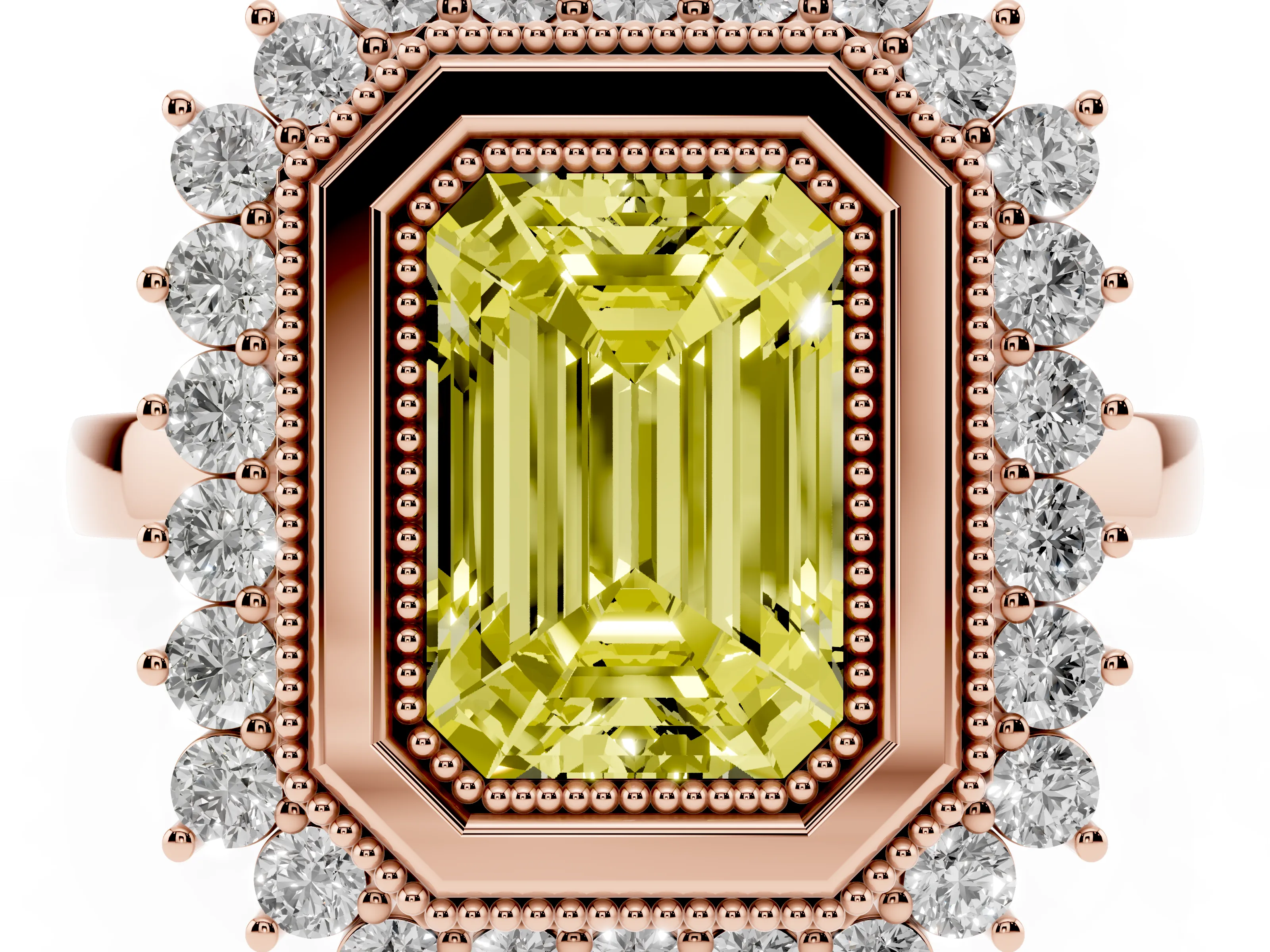 Fancy Yellow Emerald Cut Diamond Halo Ring Set in Rose gold with Milgrain Edge and Round Prong Setting