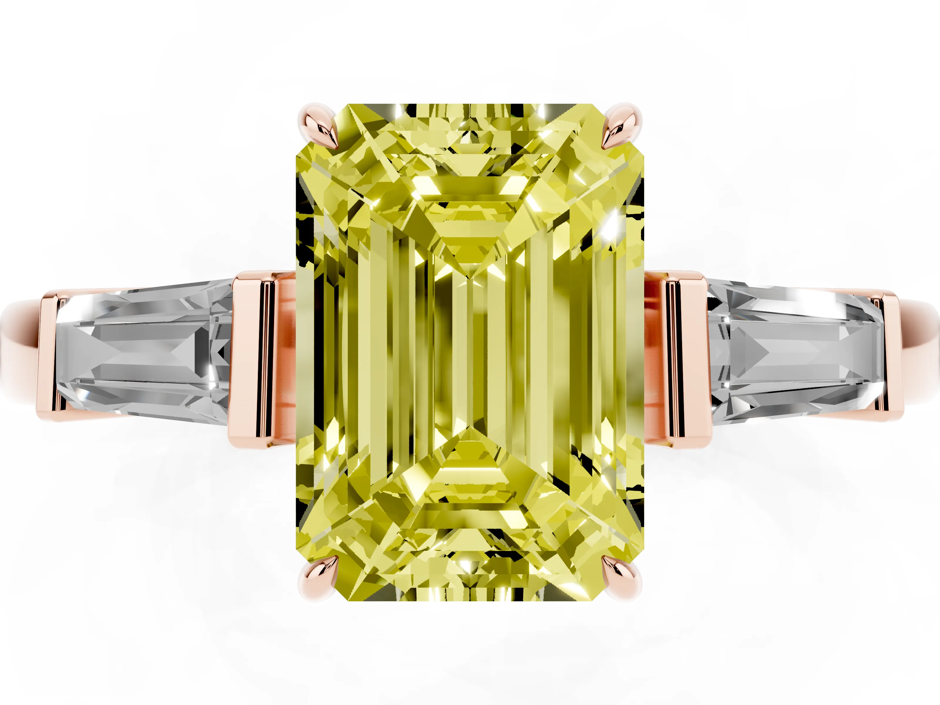 Fancy Yellow Emerald Cut Diamond Three-Stone Ring Set in Rose gold with Tapered Baguette Side Stones and Prong Setting