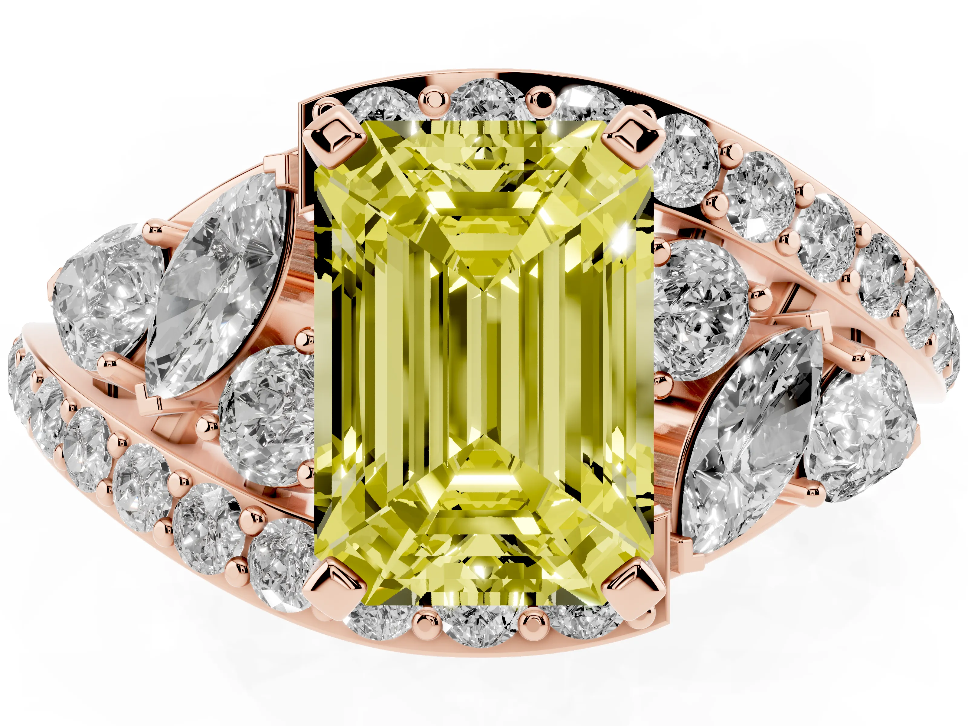 Fancy Yellow Emerald Cut Diamond Halo Ring Set in Rose gold with Marquise and Pavé Band in Prong Setting