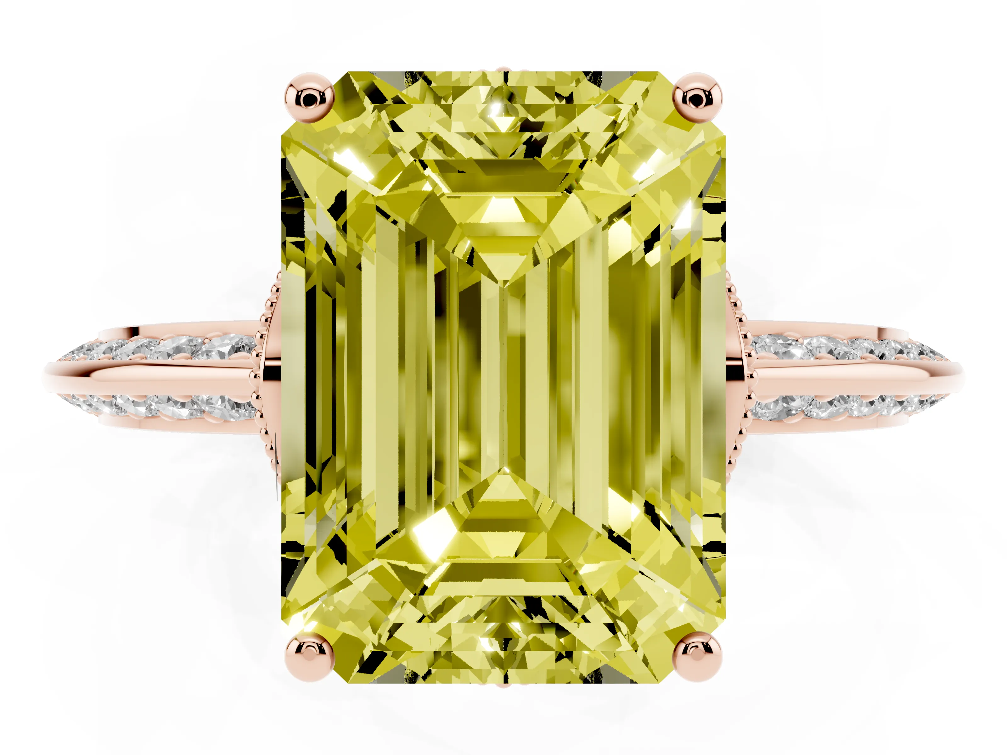 Fancy Yellow Emerald Cut Diamond Solitaire Engagement Ring Set in Rose gold with Pavé Split Shank and Prong Setting