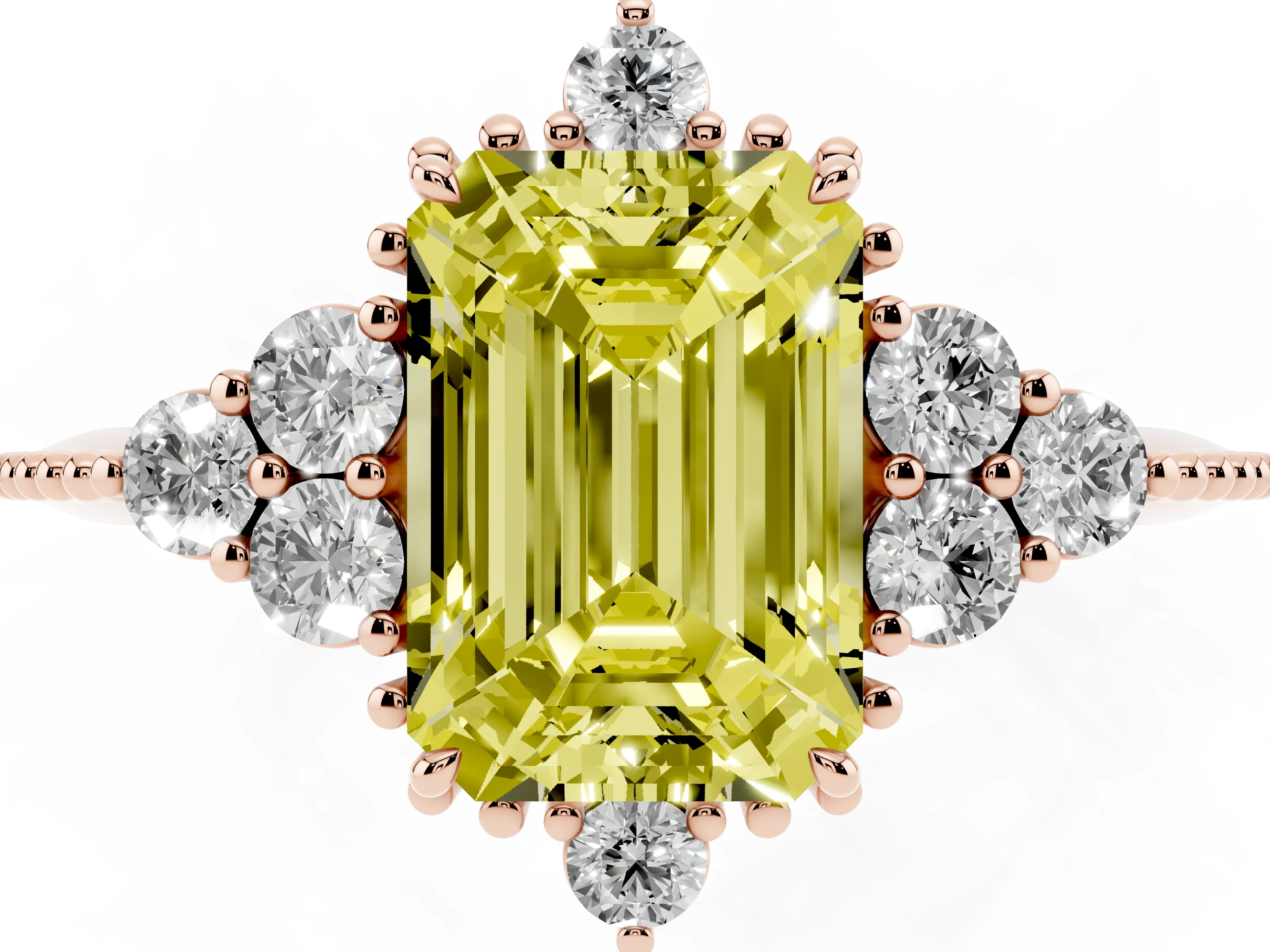 Fancy Yellow Emerald Cut Diamond Cluster Ring Set in Rose gold with Beaded Band