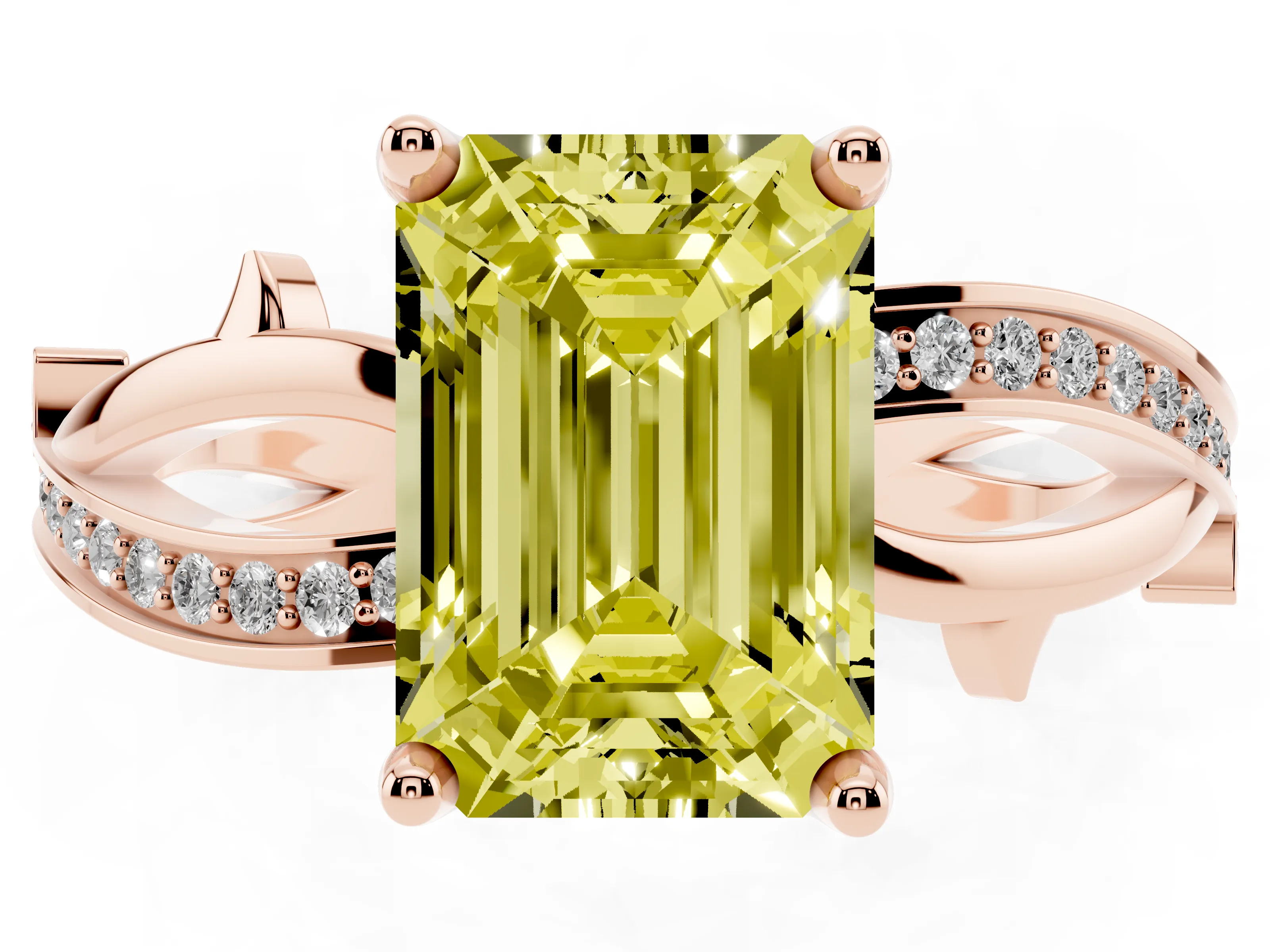 Fancy Yellow Emerald Cut Diamond Pavé Twist Band Solitaire Ring Set in Rose gold with Prong Setting