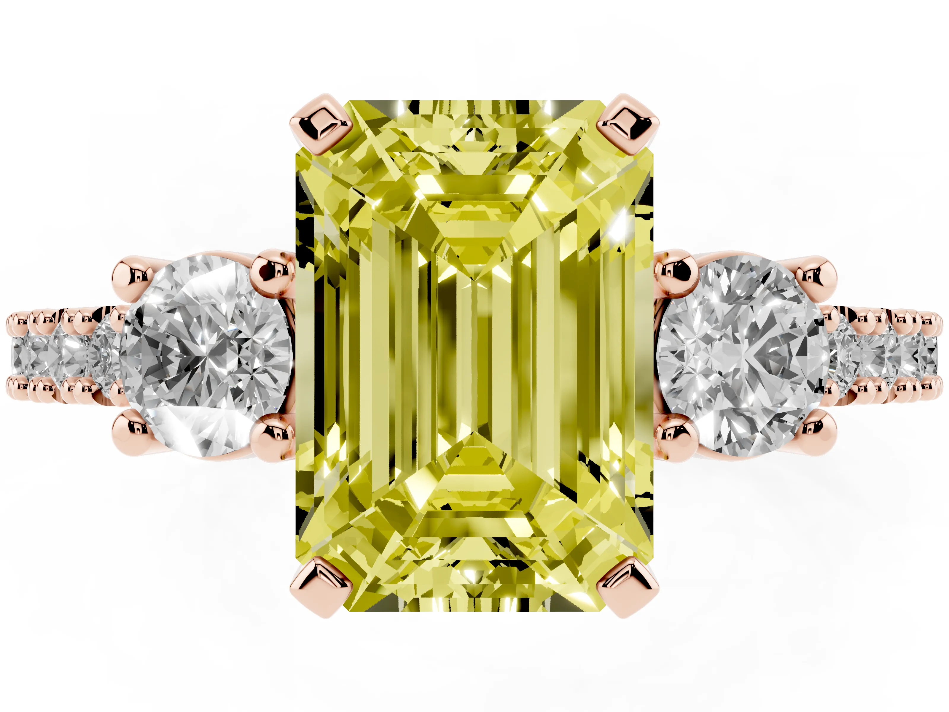 Fancy Yellow Three-Stone Emerald Cut Diamond Pavé Band Ring Set in Rose gold with Prong Setting