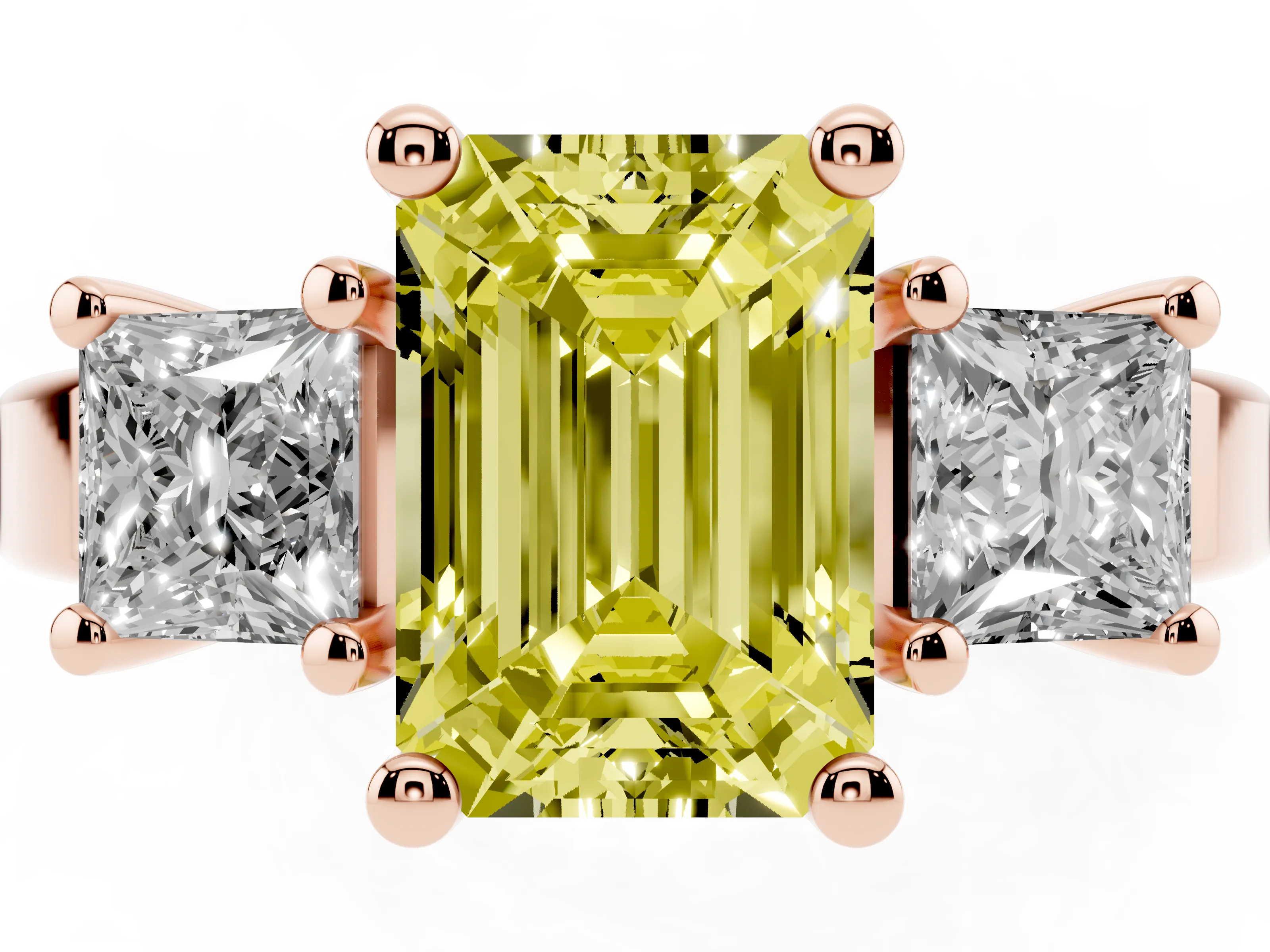Fancy Yellow Three-Stone Emerald Cut Diamond Solitaire Ring Set in Rose gold with Prong Setting
