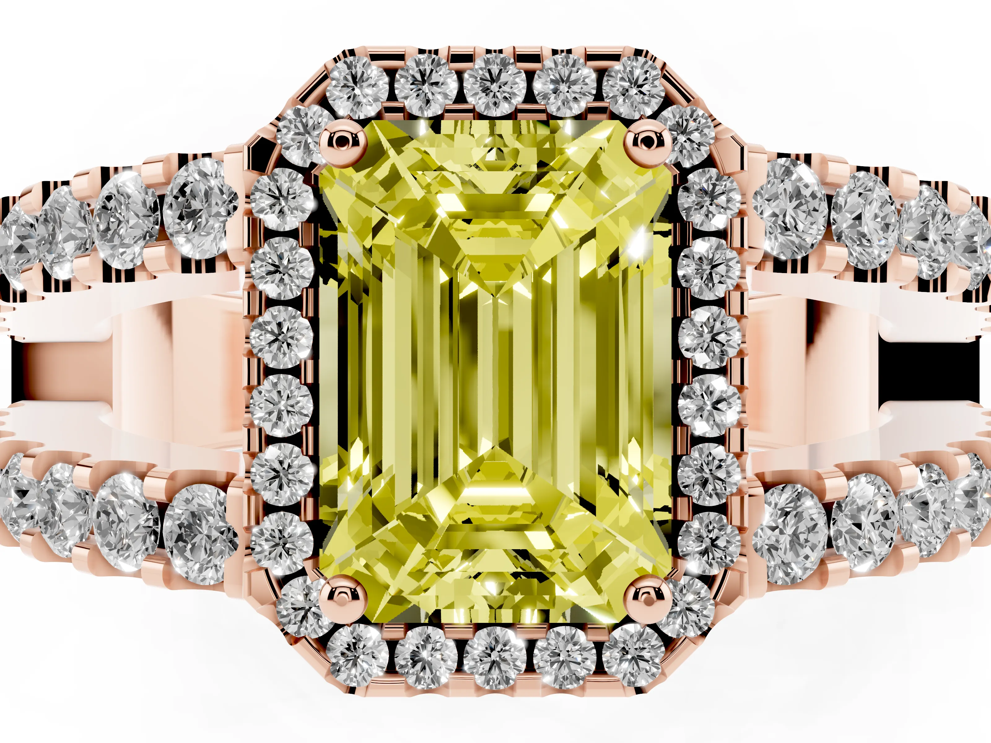 Fancy Yellow Emerald Cut Diamond Halo Ring Set in Rose gold with Pavé Split Shank and Prong Setting