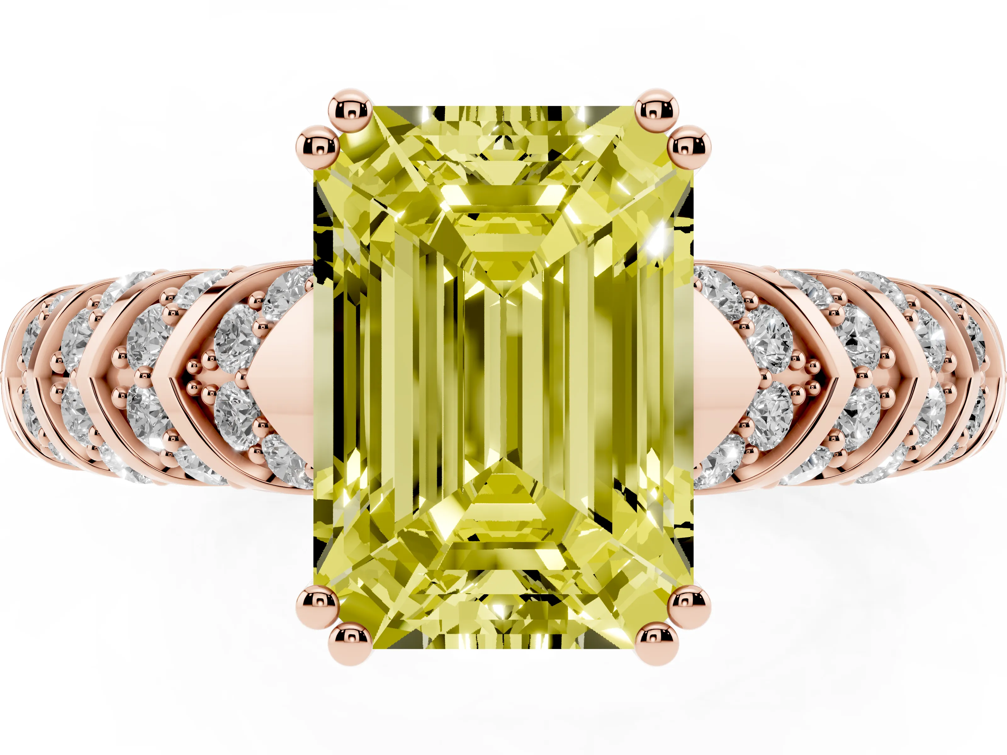 Fancy Yellow Emerald Cut Diamond Solitaire Chevron Pavé Engagement Ring Set in Rose gold with Prong Setting