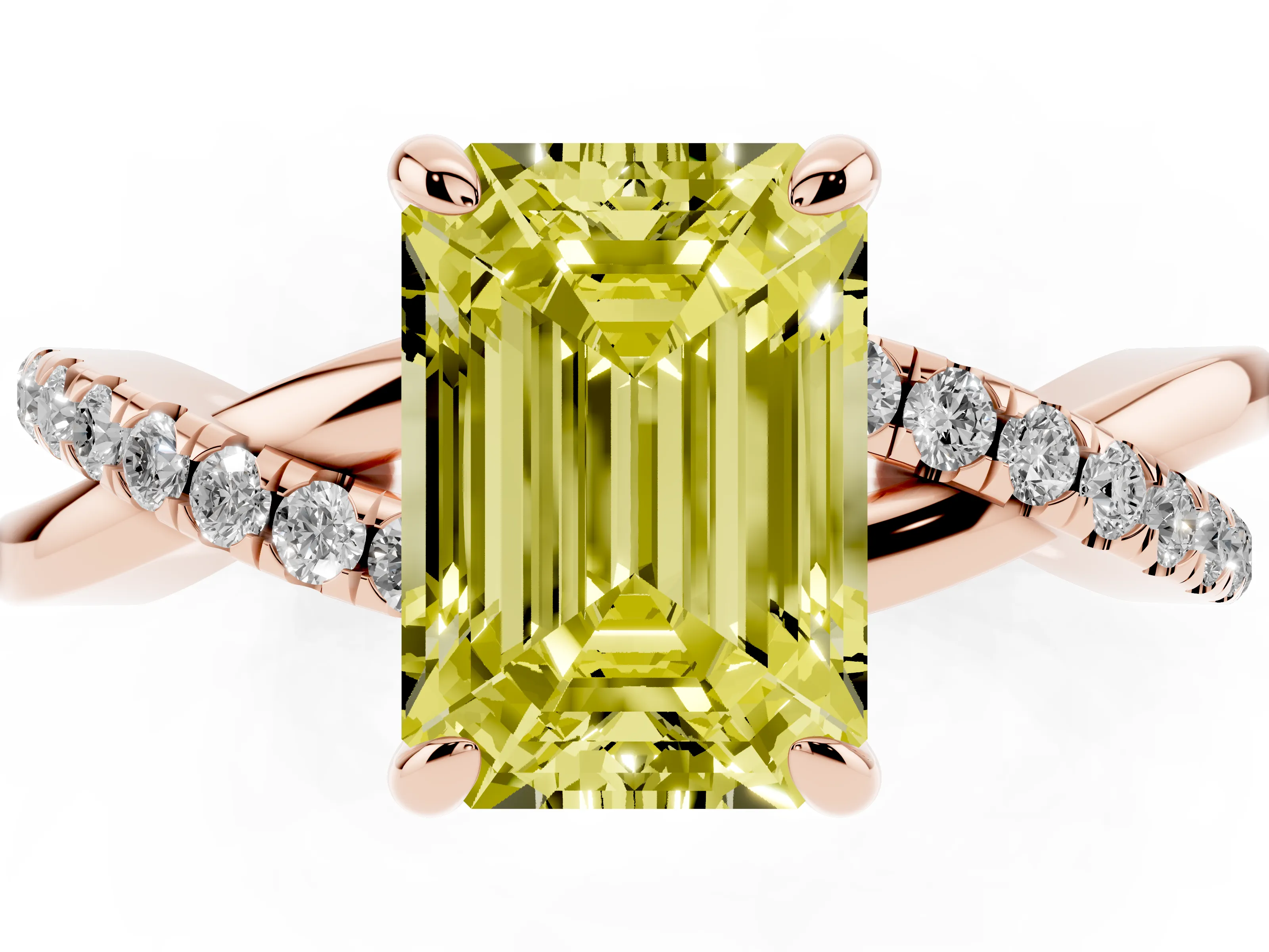 Fancy Yellow Emerald Cut Diamond Twist Band Solitaire Set in Rose gold with Pavé Accents and Prong Setting