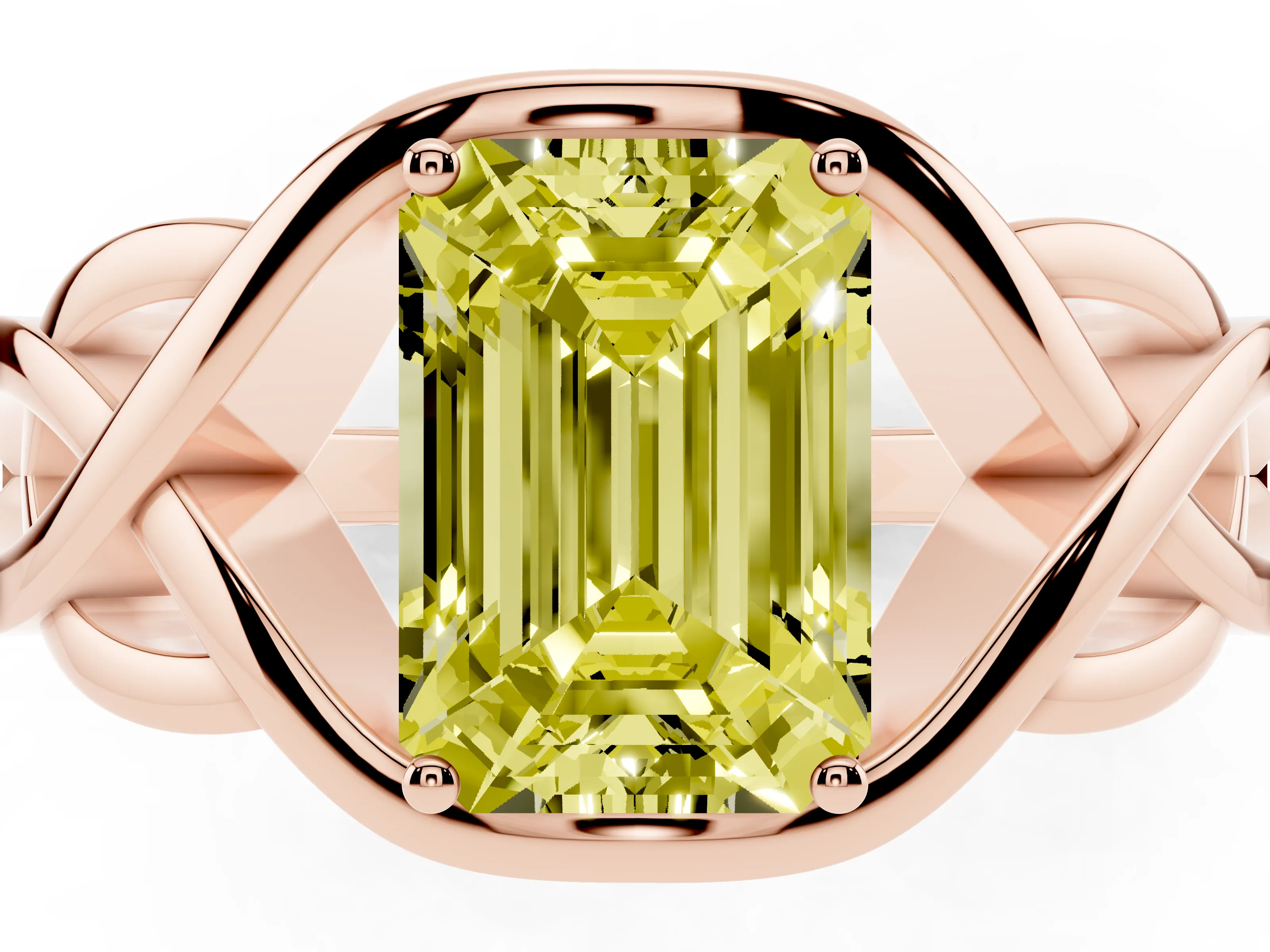 Fancy Yellow Emerald Cut Diamond Solitaire Ring Set in Rose gold with Intertwined Band