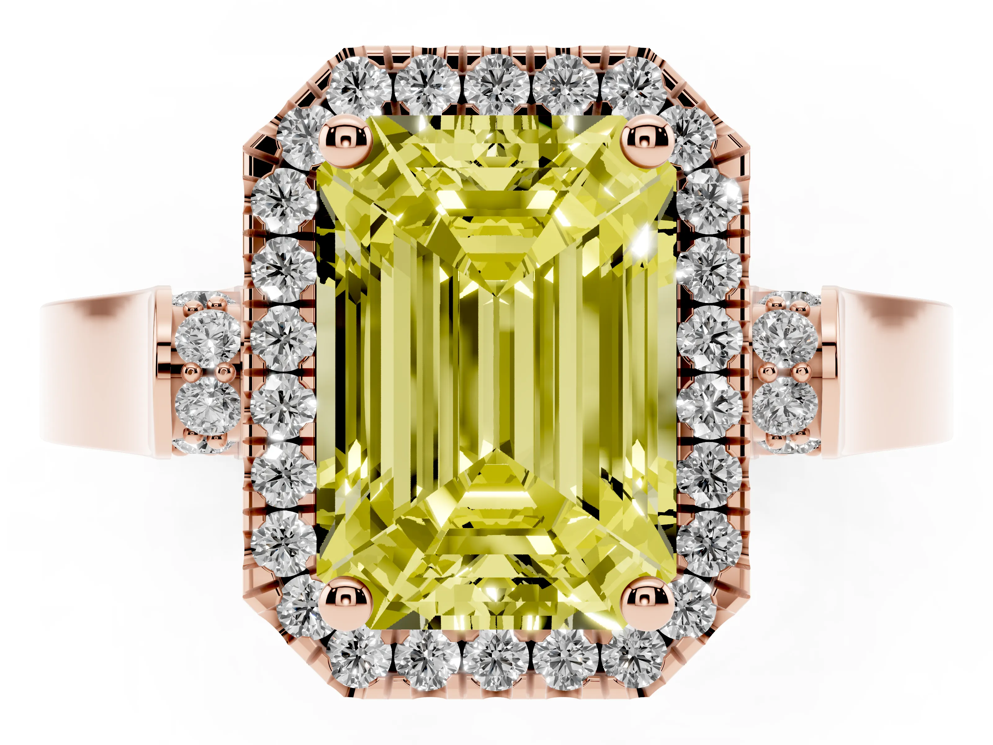 Fancy Yellow Emerald Cut Diamond Halo Ring Set in Rose gold with Pavé-Lined Split Shank Band