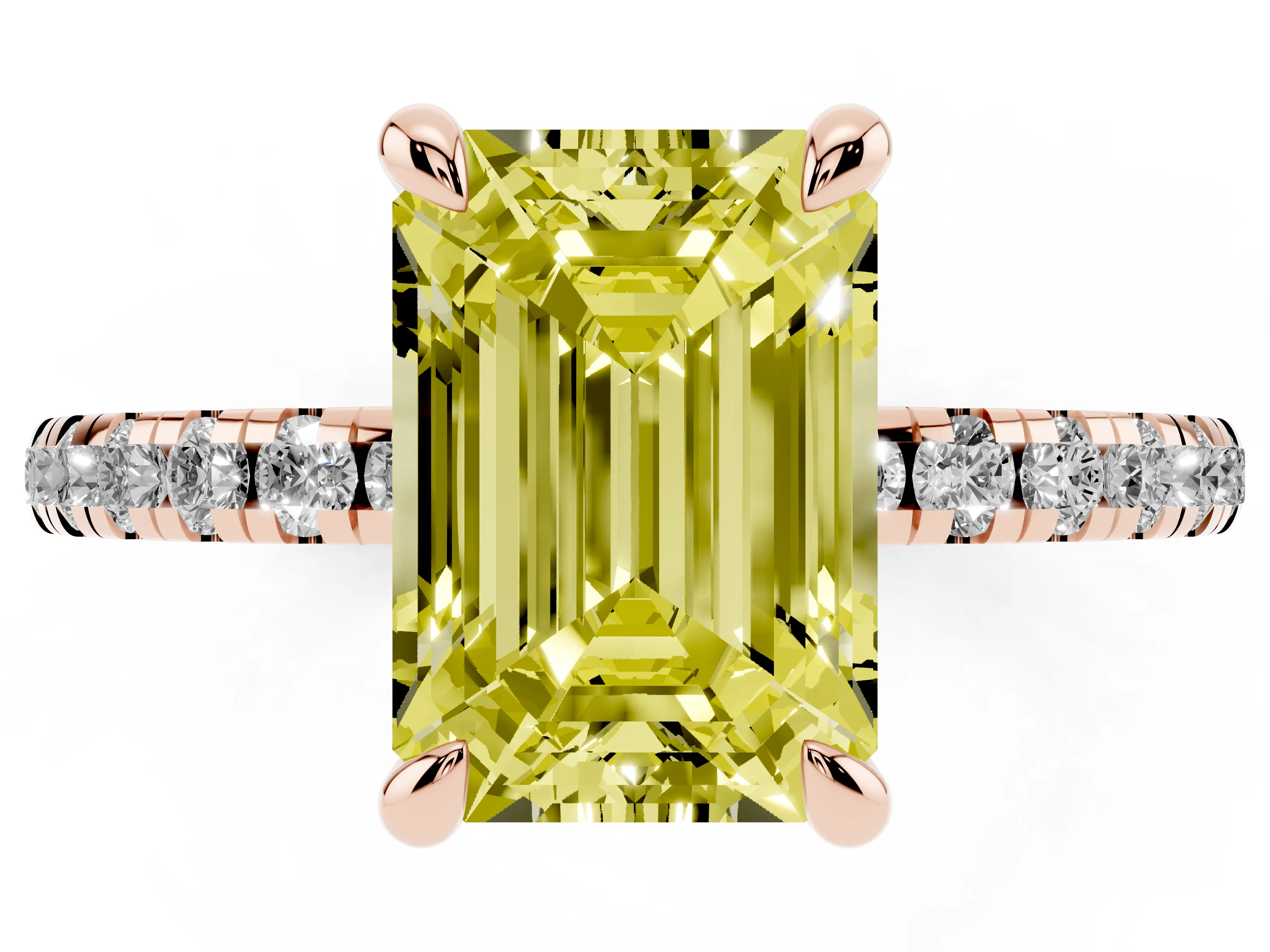 Fancy Yellow Emerald Cut Diamond Brilliant Solitaire Ring Set in Rose gold with Pavé Band and Prong Setting