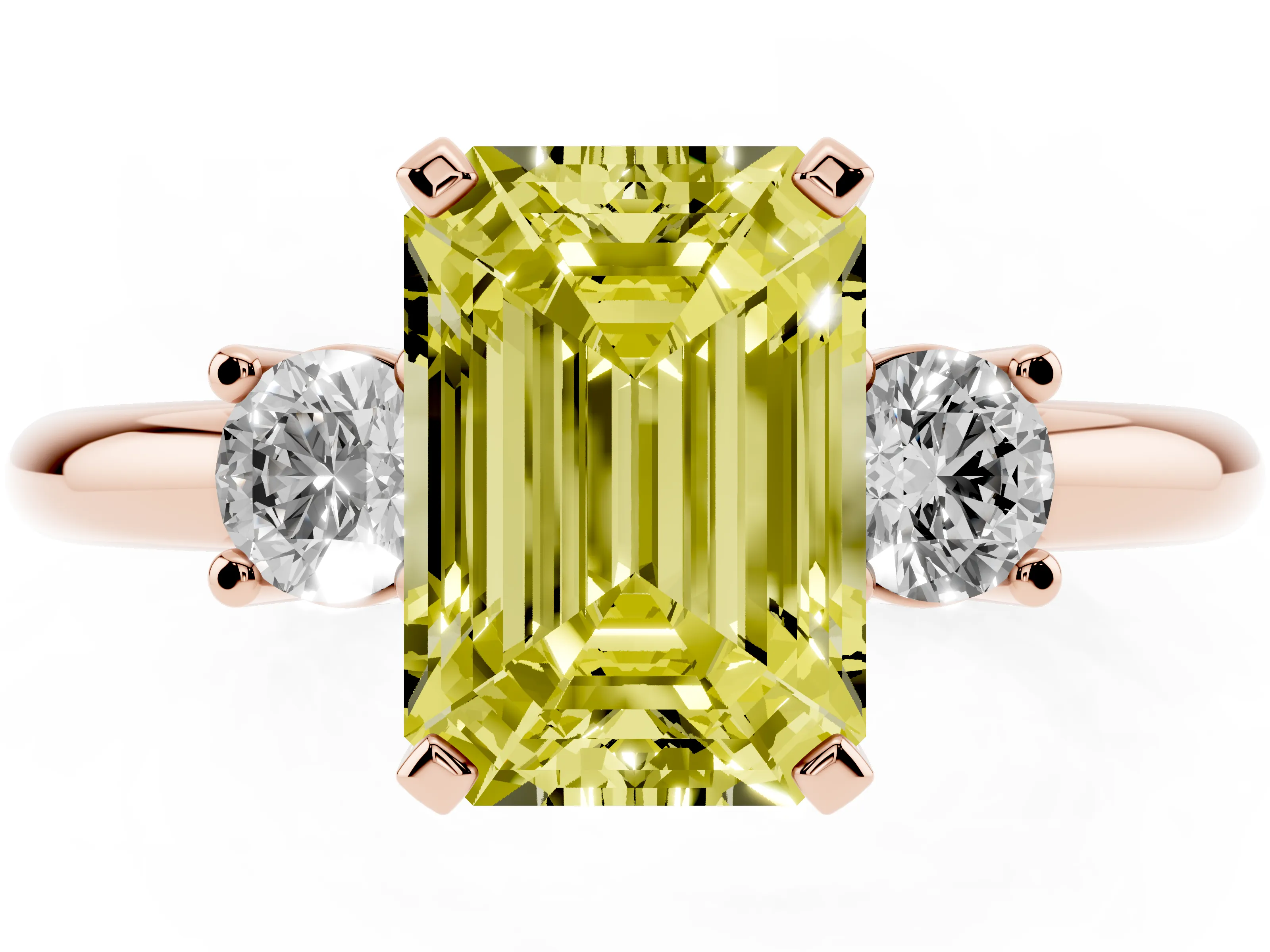 Fancy Yellow Three-Stone Emerald Cut Diamond Ring Set in Rose gold with Prong Setting and Plain Band