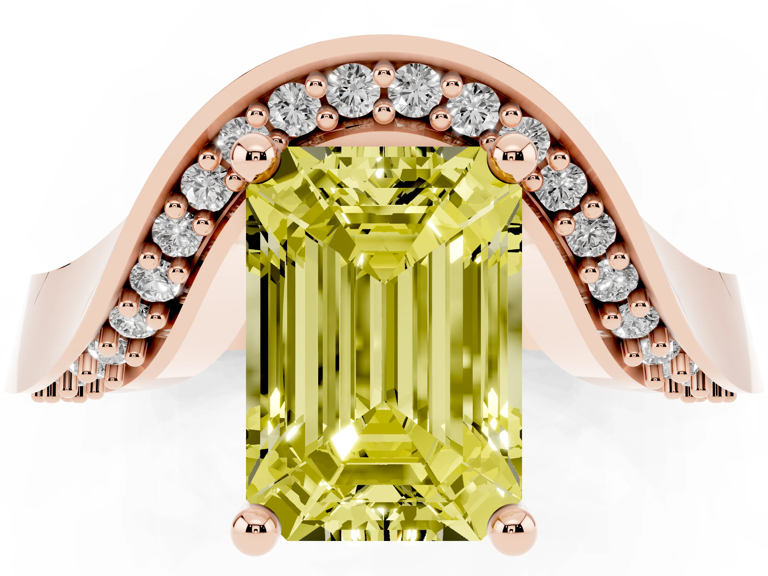 Fancy Yellow Emerald Cut Diamond Solitaire Engagement Ring Set in Rose gold with Pavé Shoulders