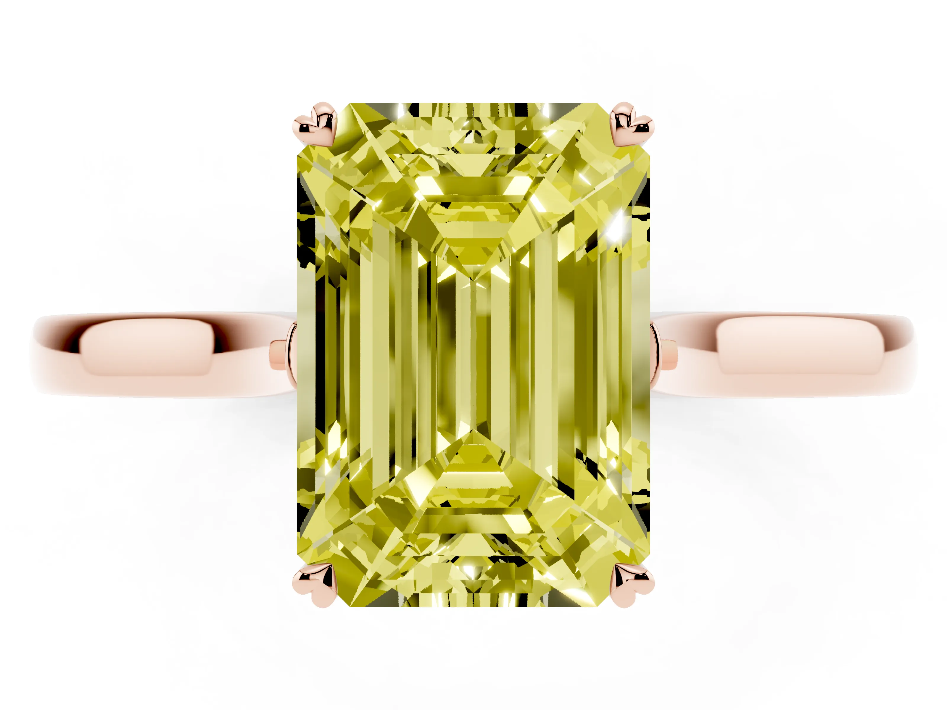 Fancy Yellow Emerald Cut Diamond Solitaire Heart Prong Engagement Ring Set in Rose gold with Tapered Band