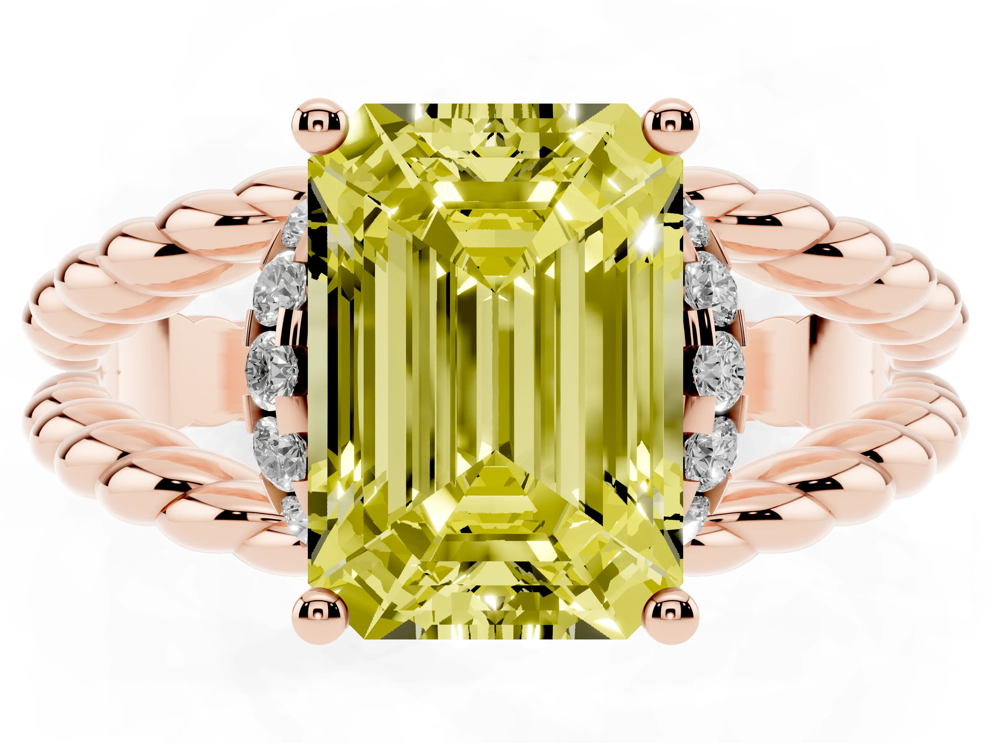 Fancy Yellow Emerald Cut Diamond Halo Ring Set in Rose gold with Twisted Band and Prong Setting