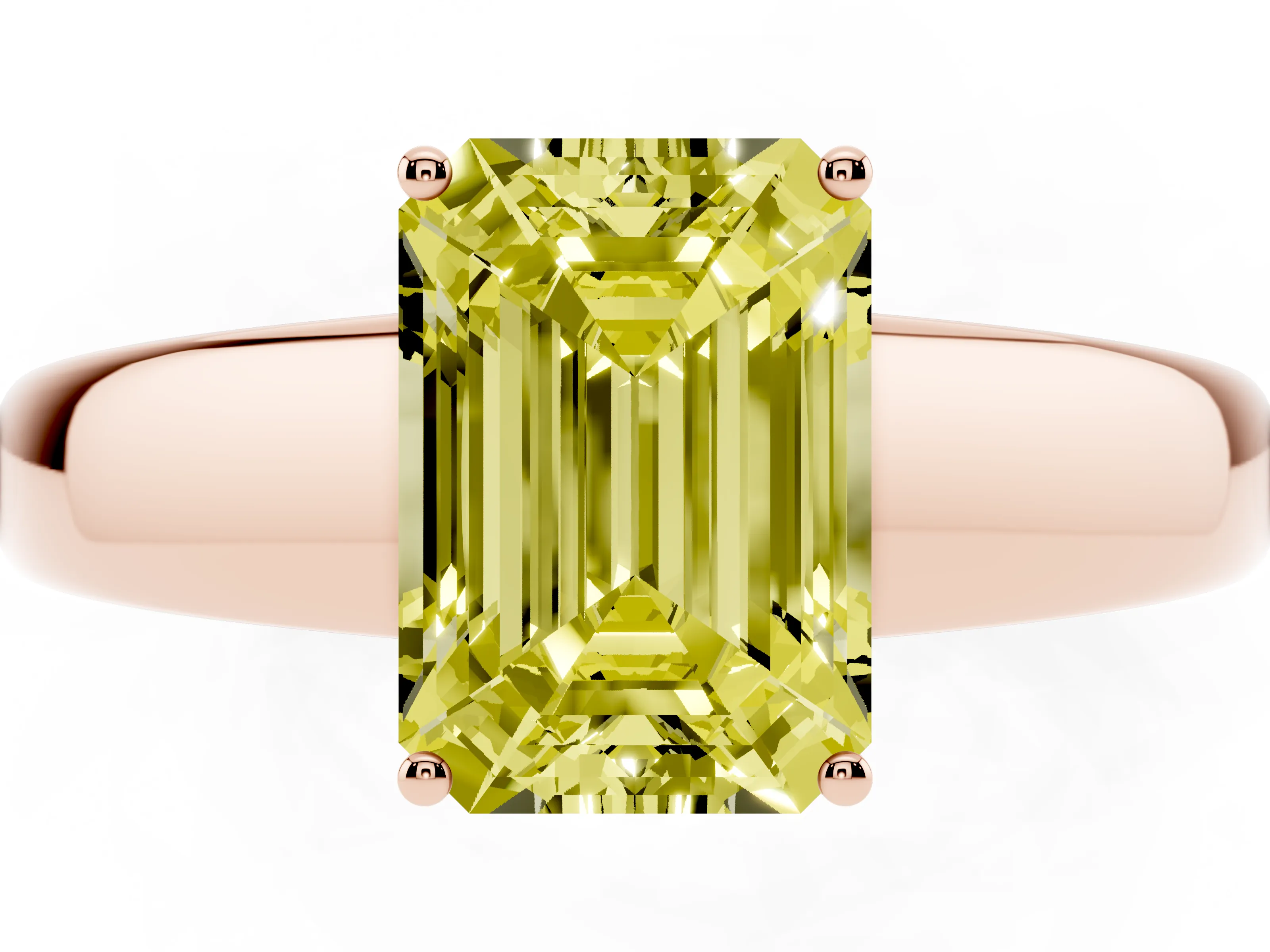 Fancy Yellow Emerald Cut Diamond Solitaire Ring Set in Rose gold with Tapered Band and Prong Setting