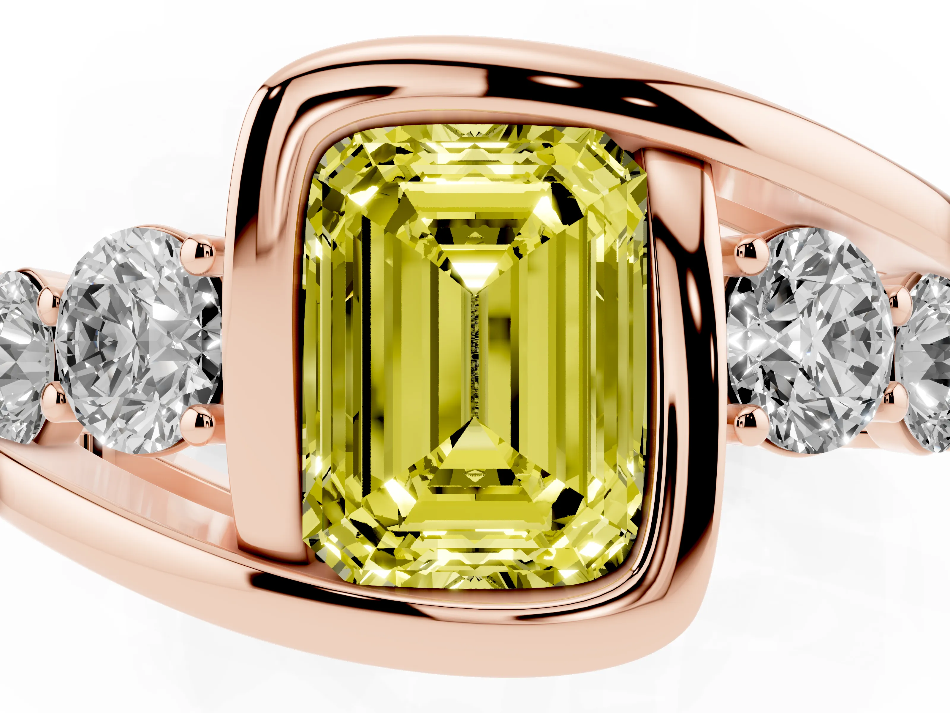 Fancy Yellow Emerald Cut Diamond Bezel Bypass Ring Set in Rose gold with Round Accents