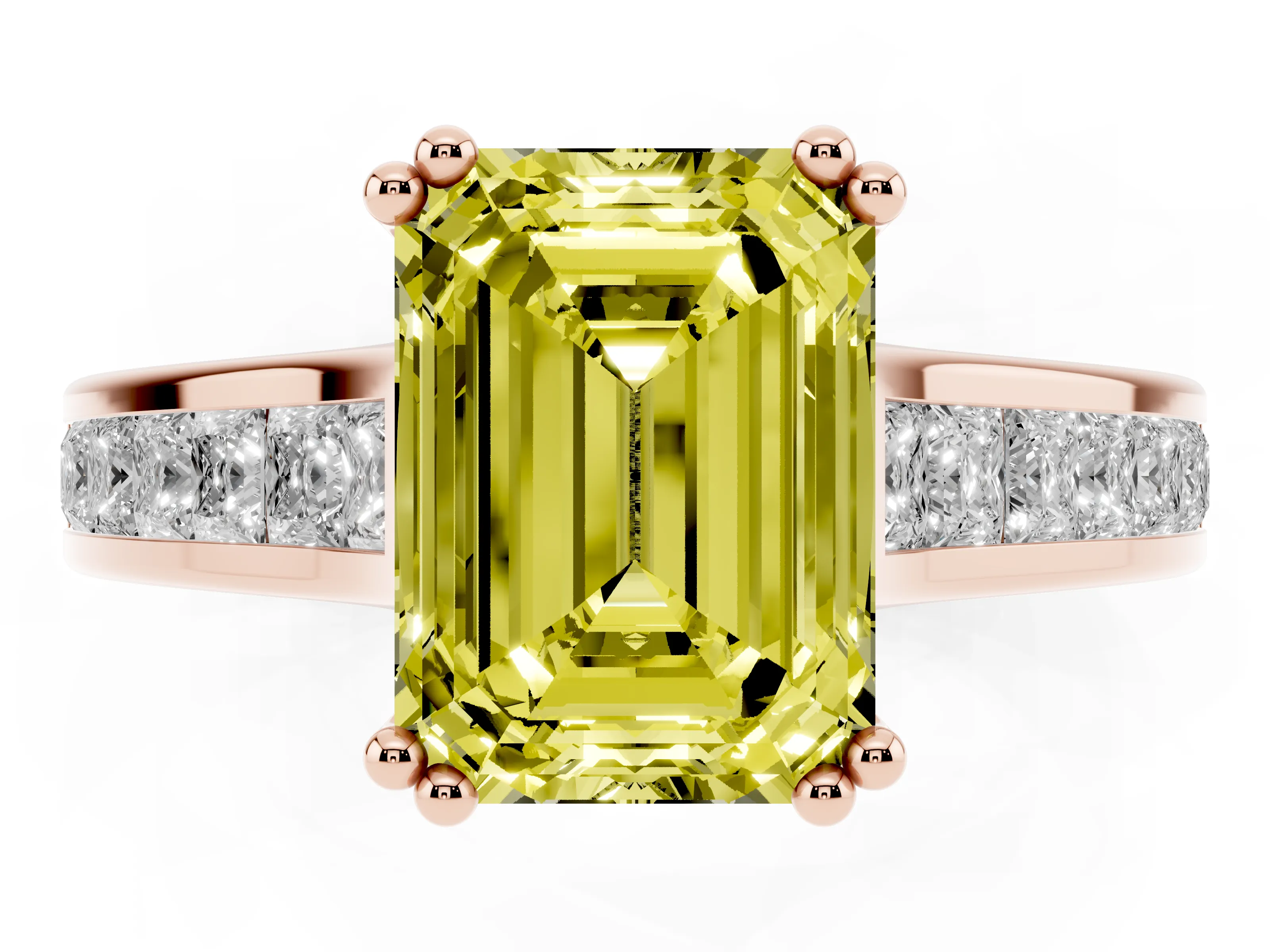 Fancy Yellow Emerald Cut Diamond Channel Set Solitaire Engagement Ring Set in Rose gold with Prong Setting
