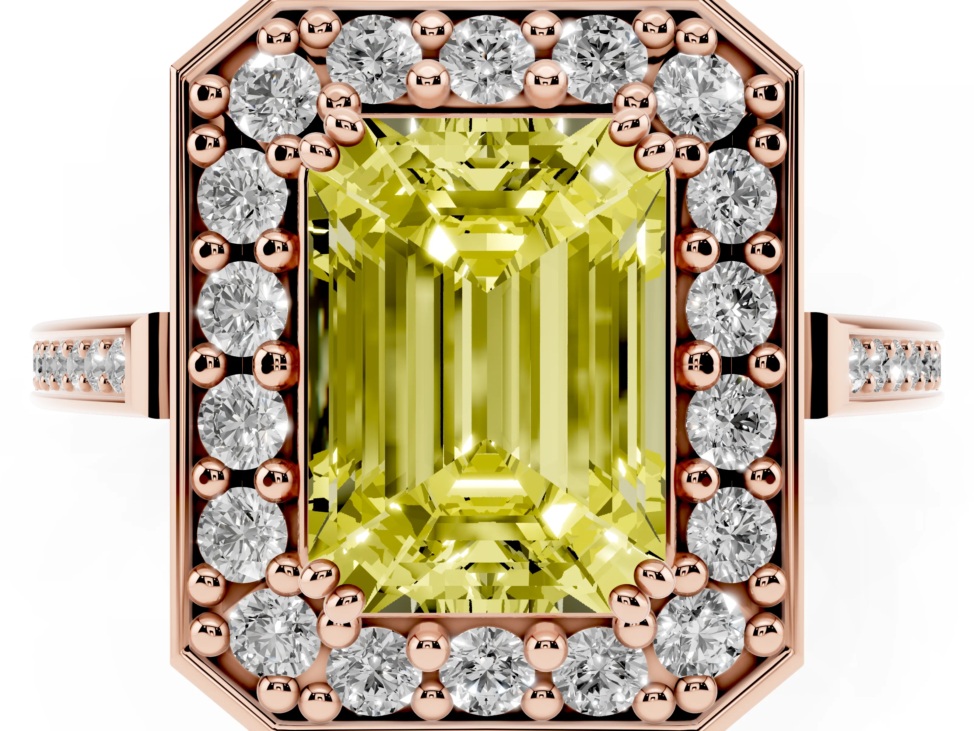 Fancy Yellow Emerald Cut Diamond Halo Ring Set in Rose gold with Accent-Lined Split Shank and Prong Setting