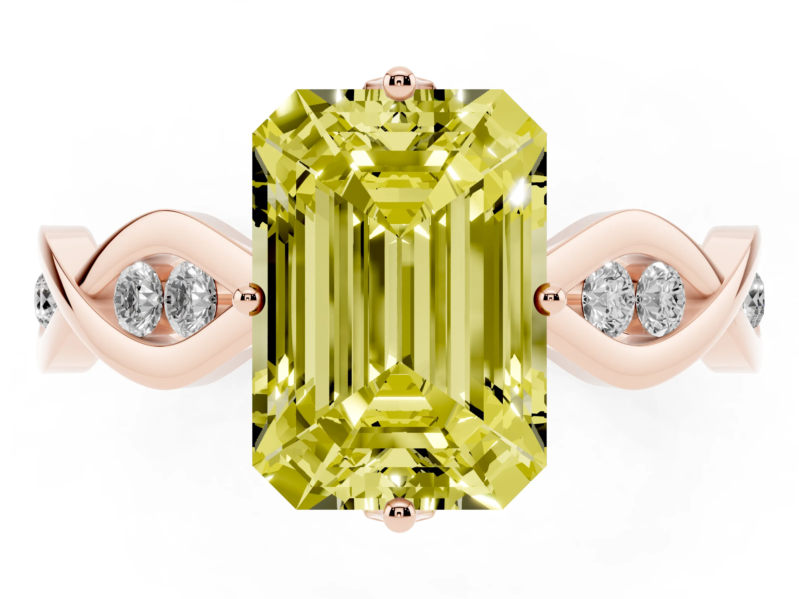 Fancy Yellow Emerald Cut Diamond Twist Band Solitaire Ring Set in Rose gold with Leaf Prong Setting and Accent Stones