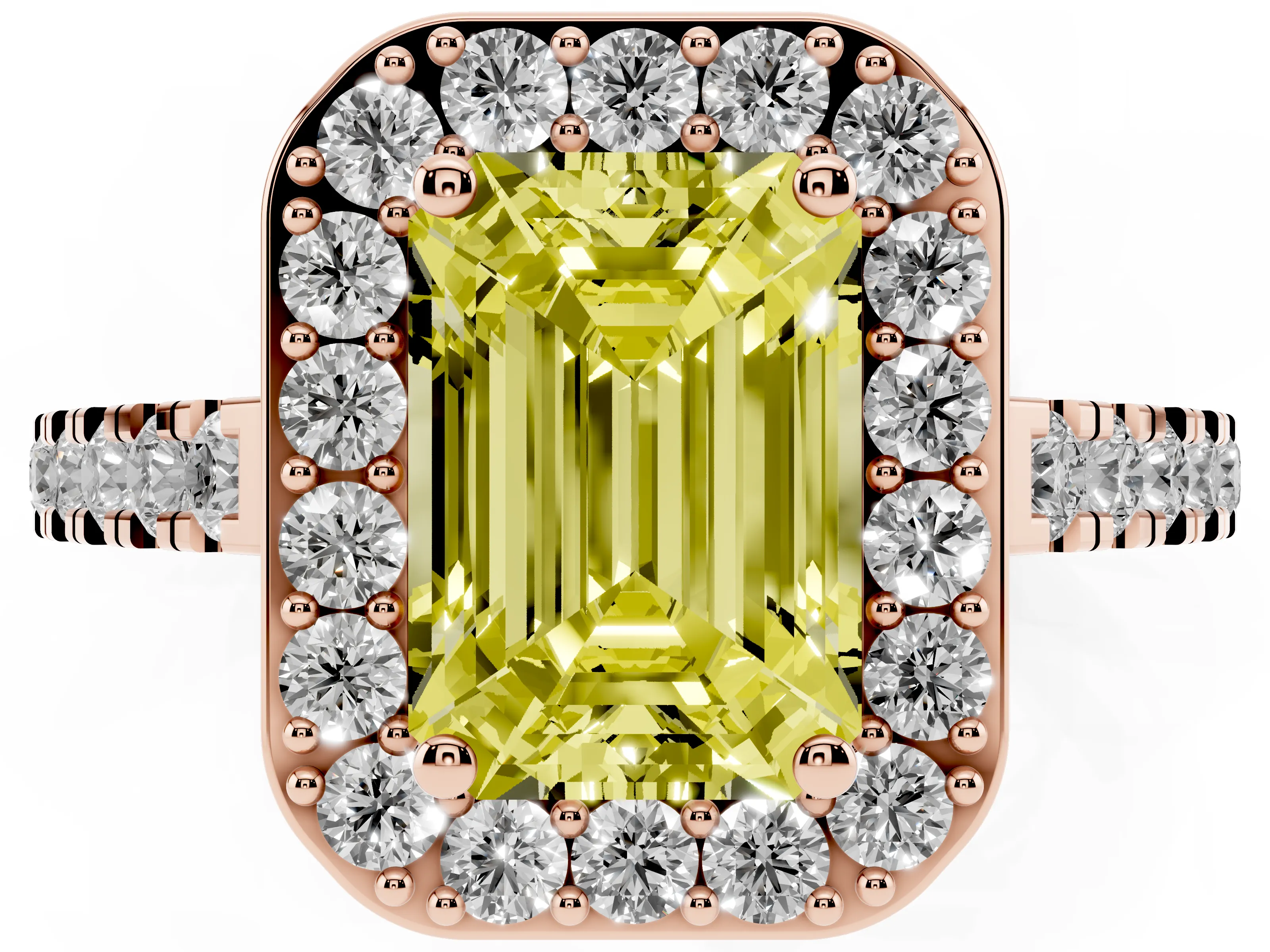 Fancy Yellow Emerald Cut Diamond Halo Ring Set in Rose gold with Round Pavé Split Shank and Prong Setting
