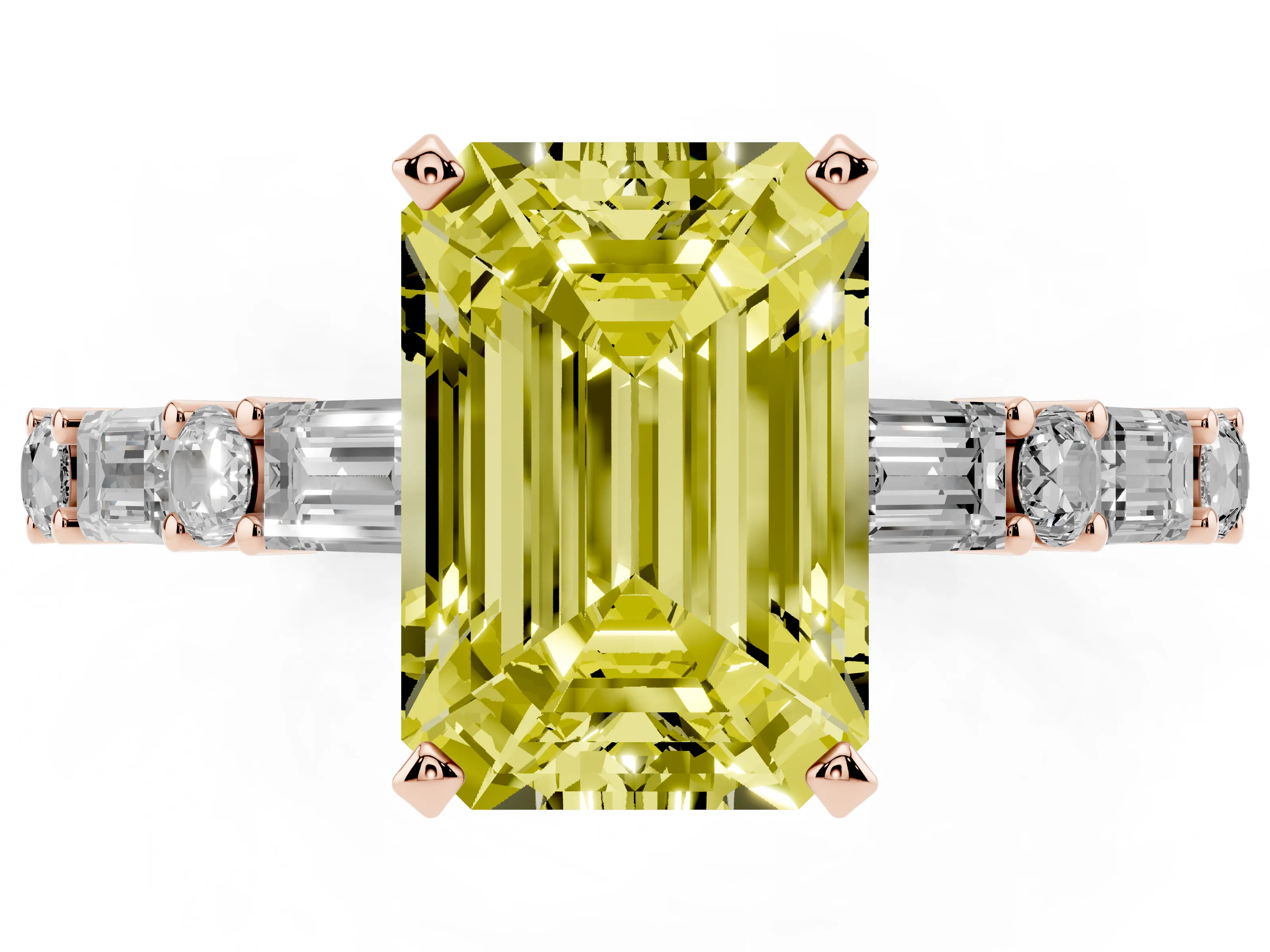 Fancy Yellow Emerald Cut Diamond Solitaire Set in Rose gold with Side Baguettes and Channel Set Band
