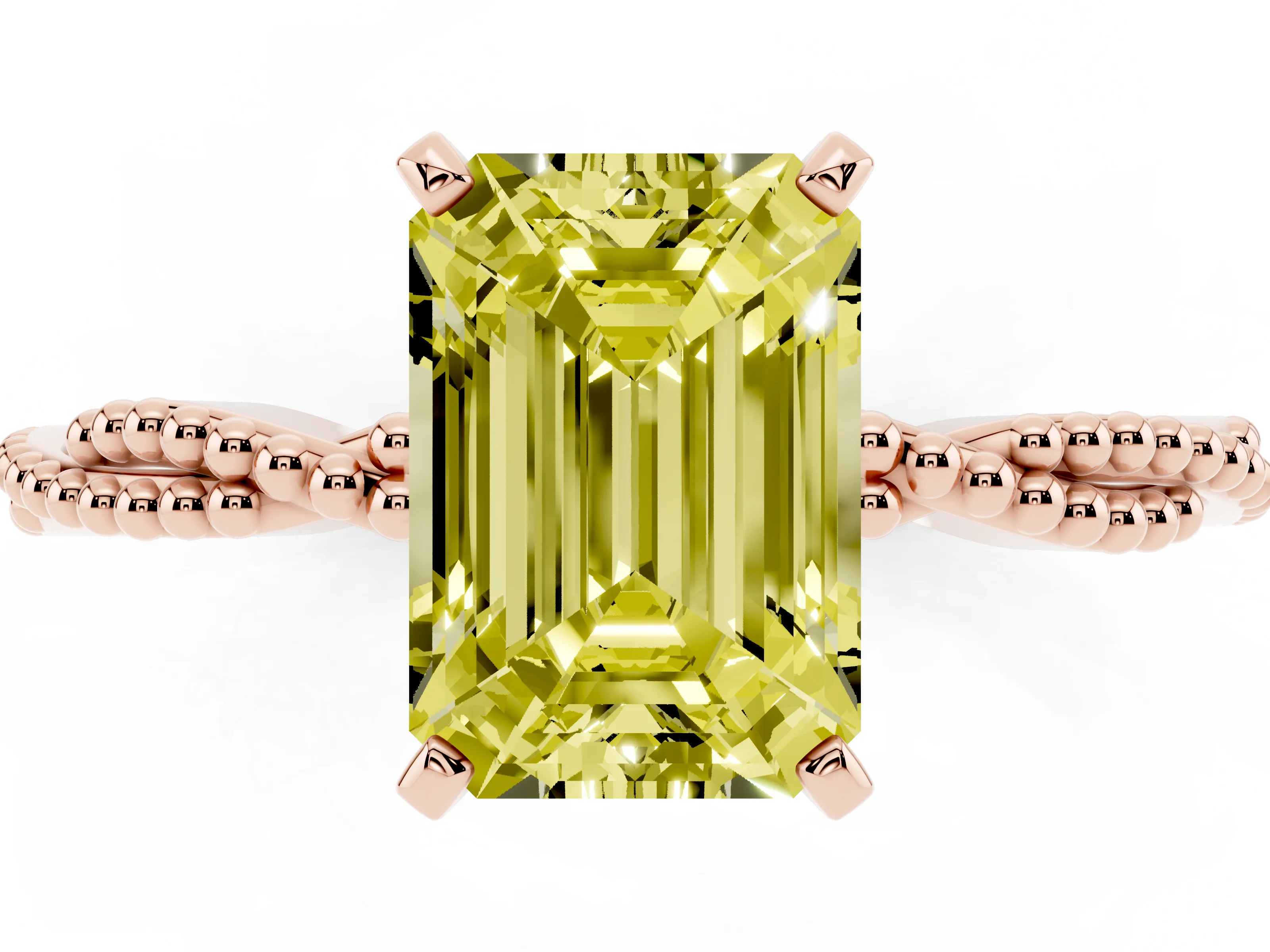 Fancy Yellow Emerald Cut Diamond Solitaire Ring Set in Rose gold with Twisted Band and Bead Prong Setting