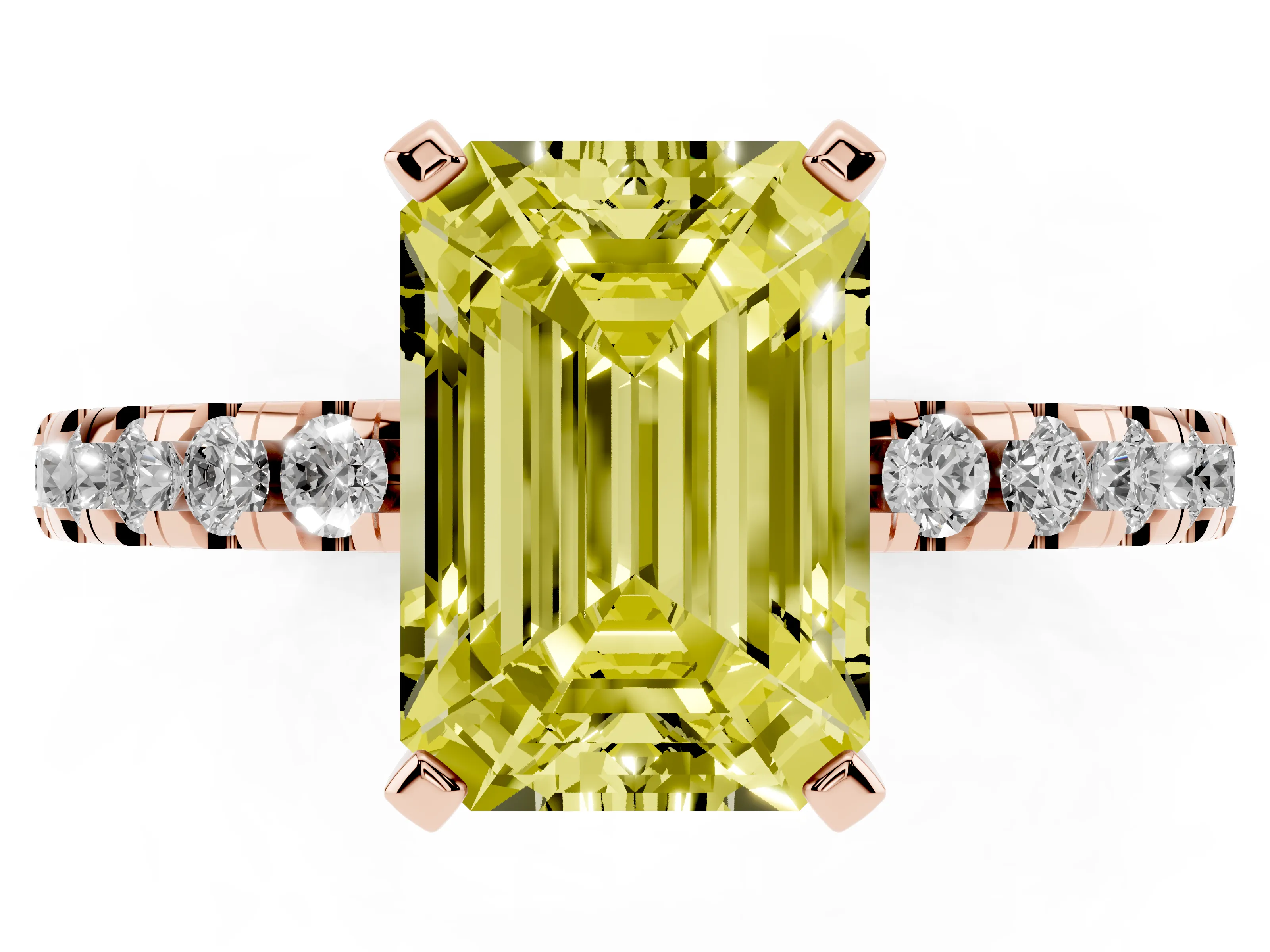 Fancy Yellow Emerald Cut Diamond Pavé Solitaire Ring Set in Rose gold with Round Band Accents and Prong Setting