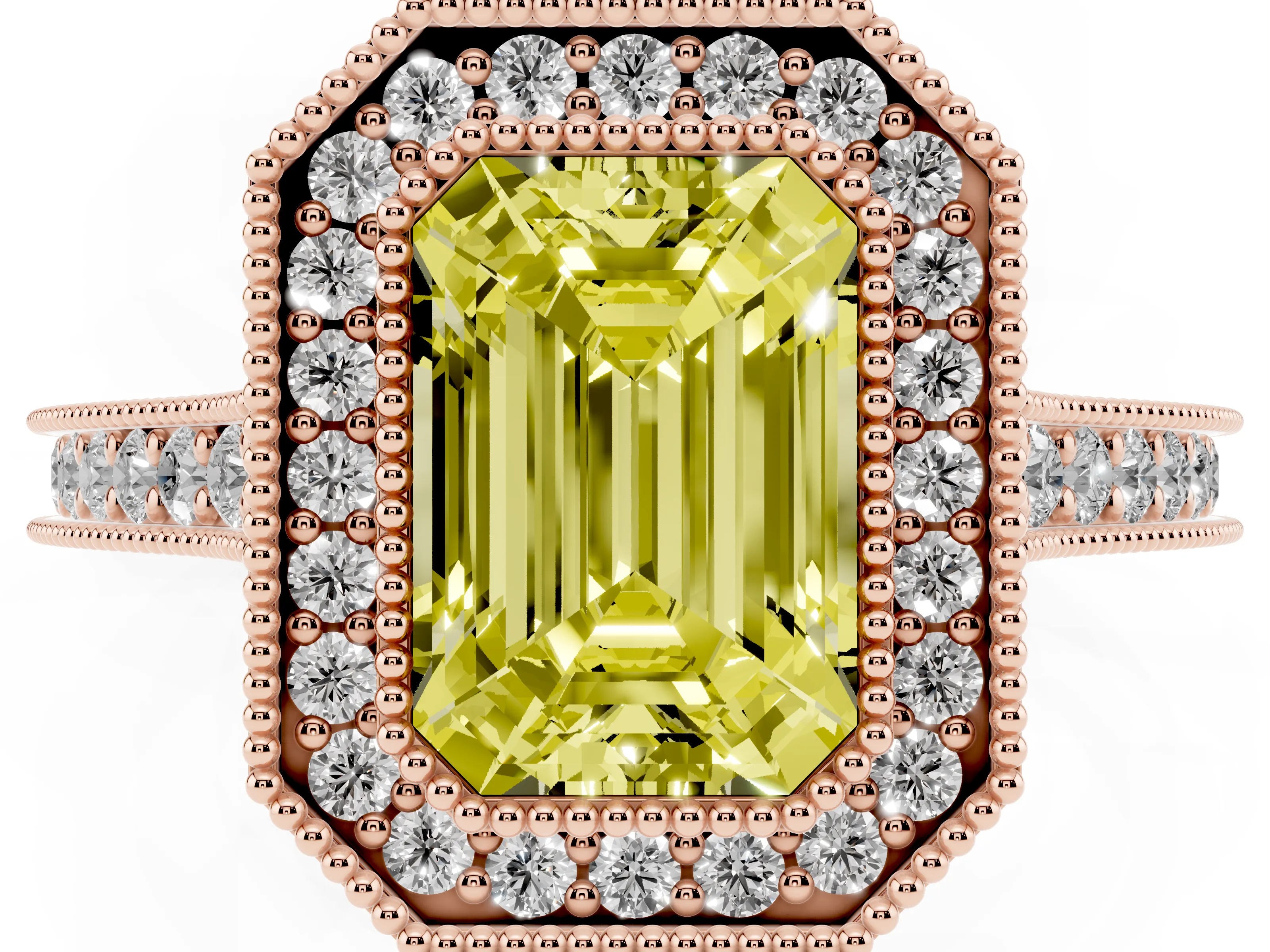 Fancy Yellow Emerald Cut Diamond Halo Milgrain Pavé Band Ring Set in Rose gold with Prong Setting
