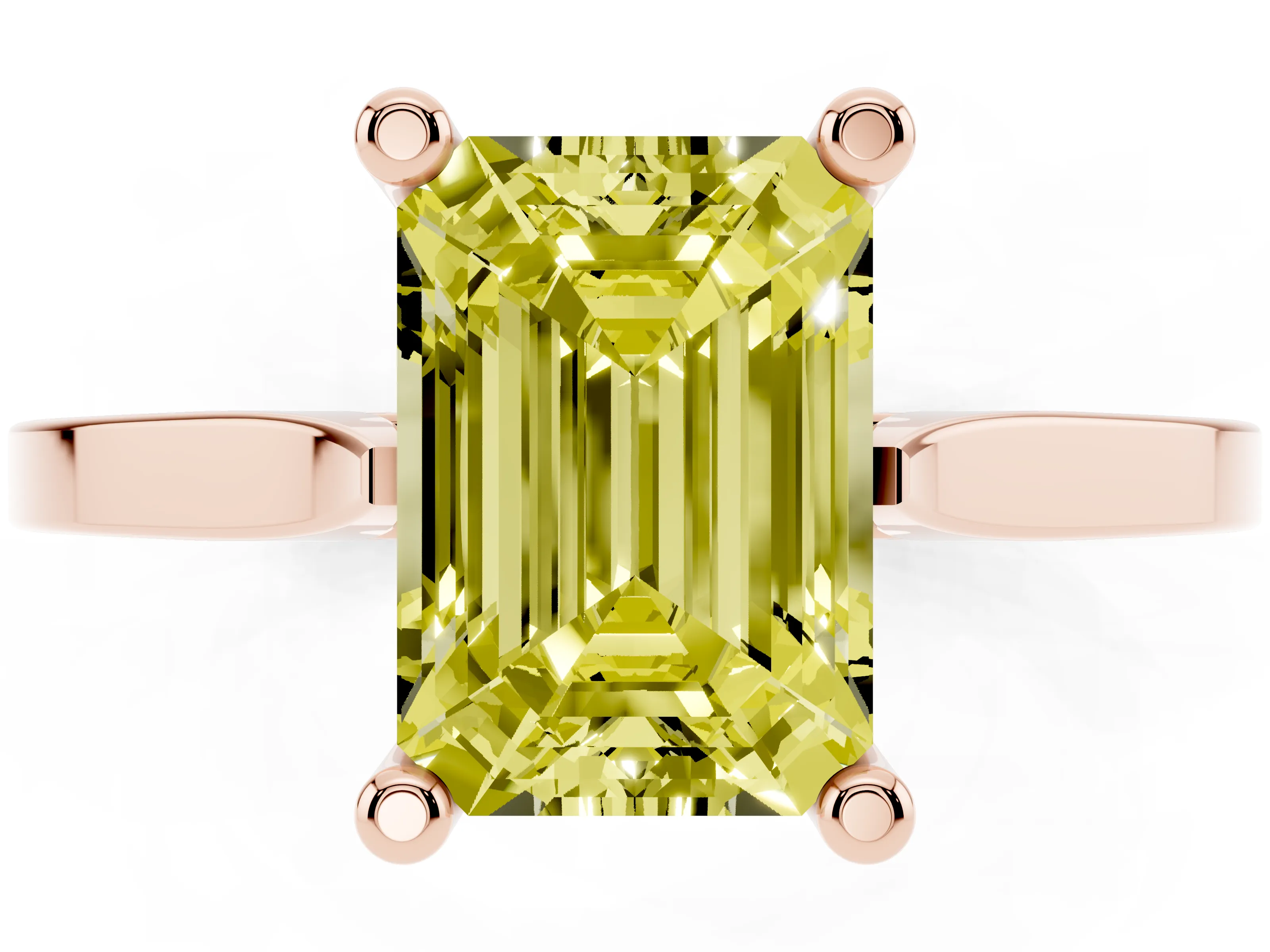 Fancy Yellow Emerald Cut Diamond Solitaire Ring Set in Rose gold with Prong Setting and Tapered Band