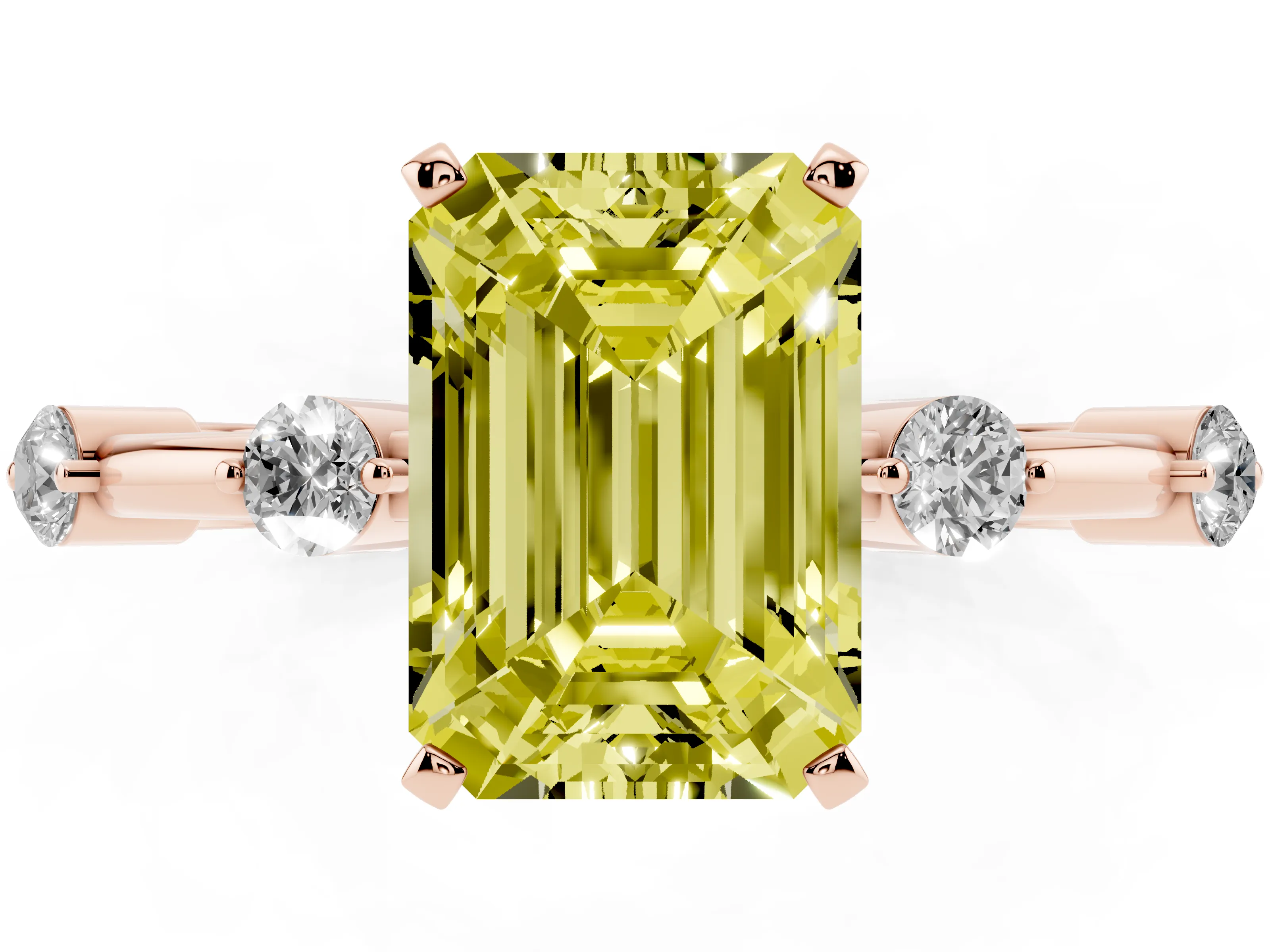 Fancy Yellow Emerald Cut Diamond Solitaire Ring Set in Rose gold with Bezel Set Side Stones and Prong Setting