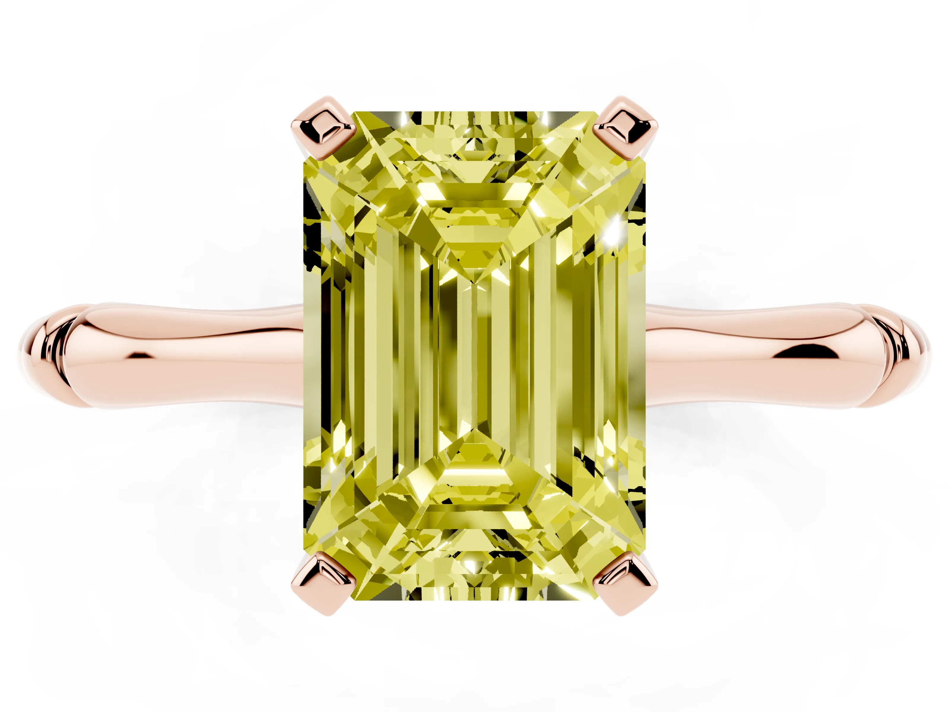 Fancy Yellow Emerald Cut Diamond Solitaire Ring Set in Rose gold with Bamboo Band and Prong Setting