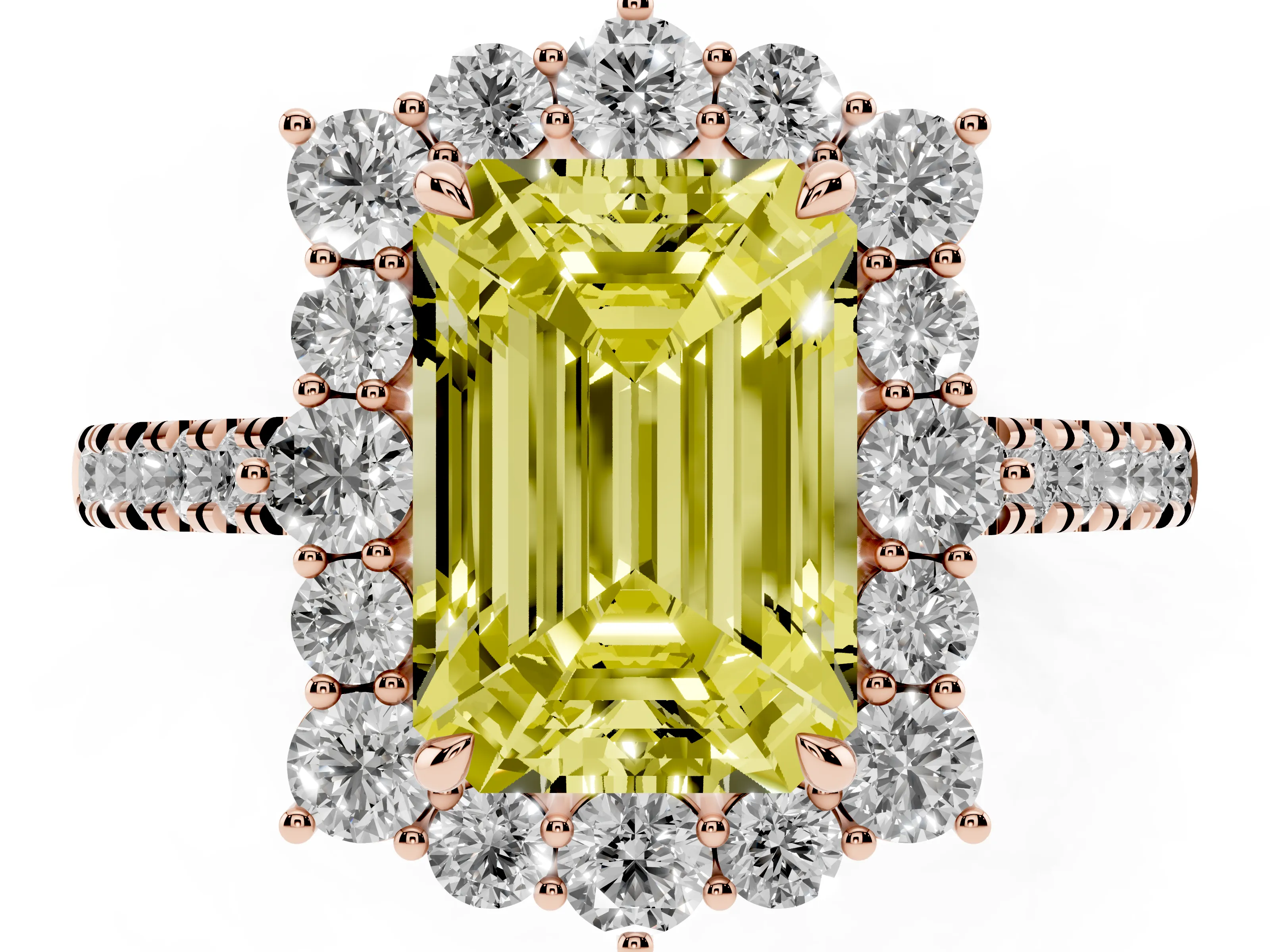 Fancy Yellow Emerald Cut Diamond Halo Ring Set in Rose gold with Pavé Band and Prong Setting