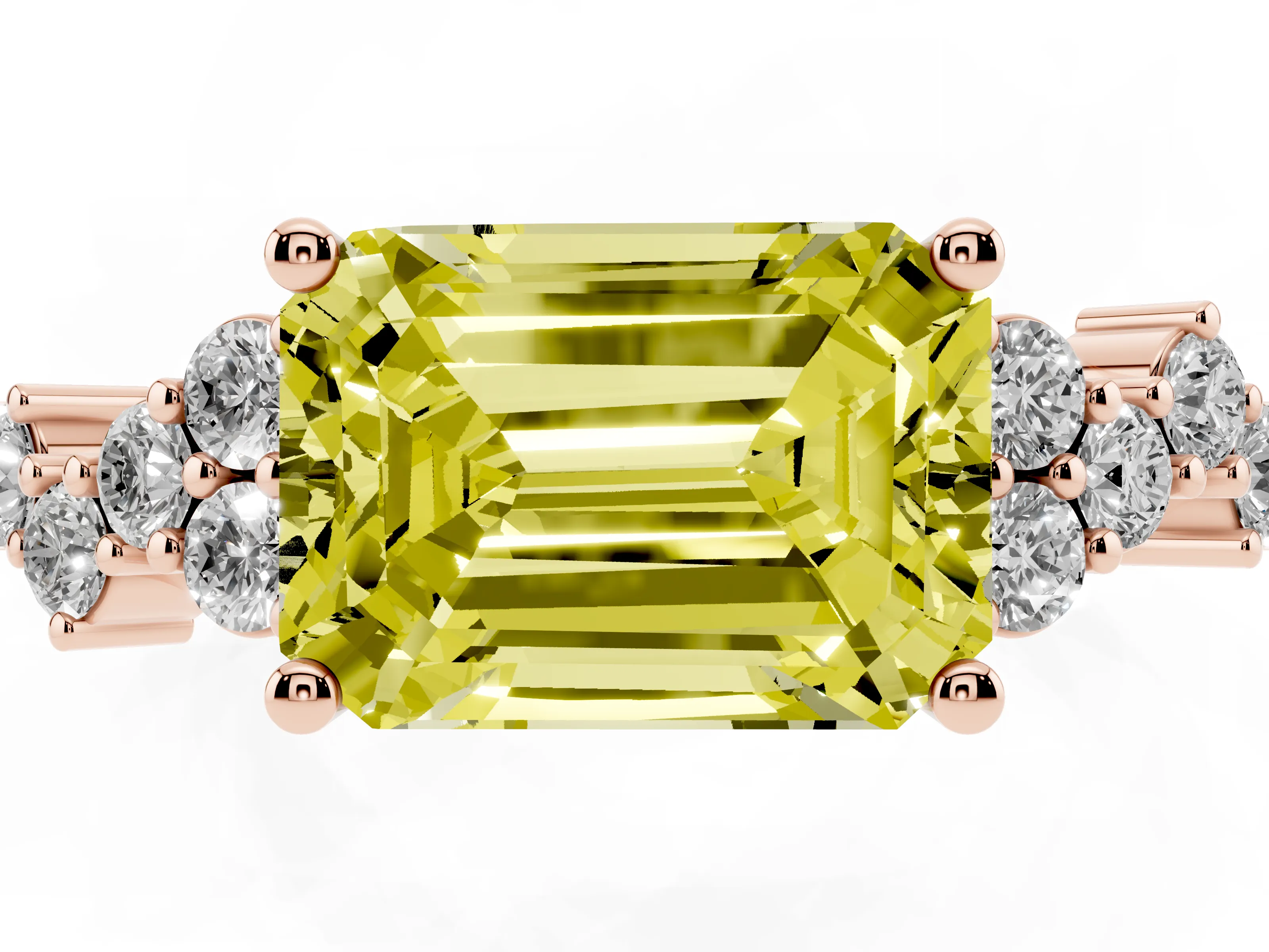 Fancy Yellow Emerald Cut Diamond Ring Set in Rose gold with Scattered Round Accents