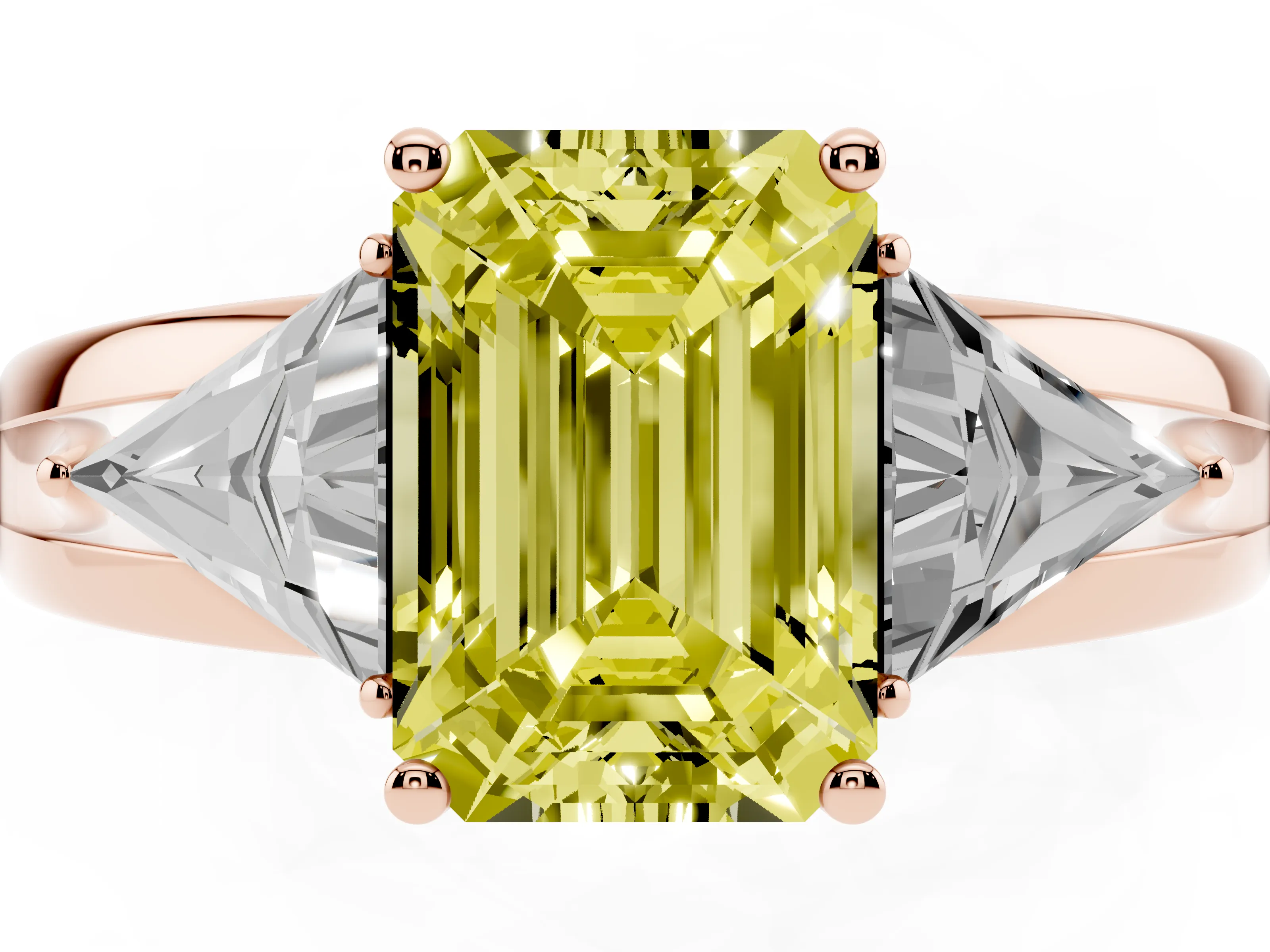 Fancy Yellow Emerald Cut Diamond Three-Stone Ring Set in Rose gold with Trillion Side Stones and Split Shank