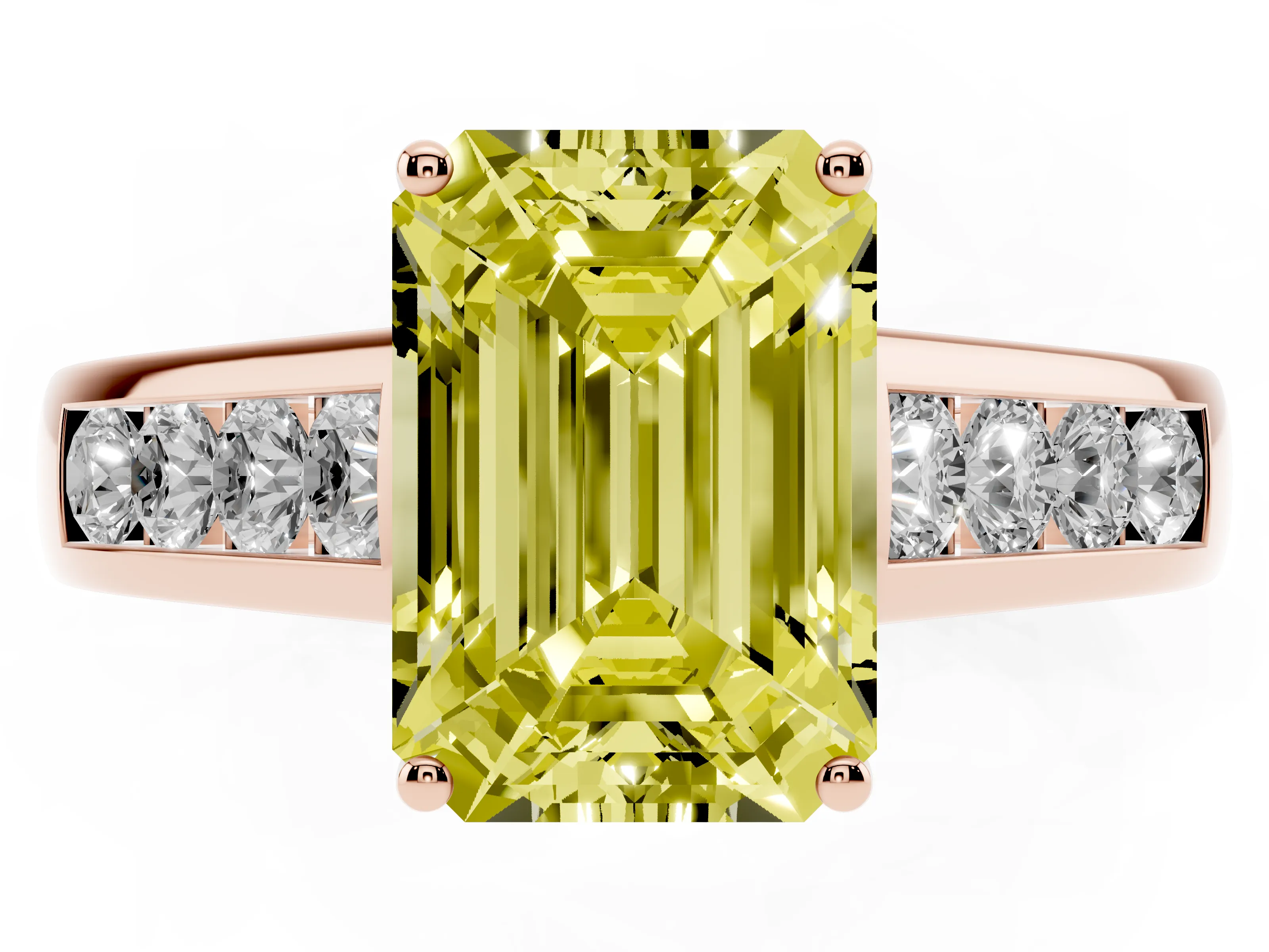 Fancy Yellow Emerald Cut Diamond Brilliant Channel-Set Solitaire Ring Set in Rose gold with Prong Setting