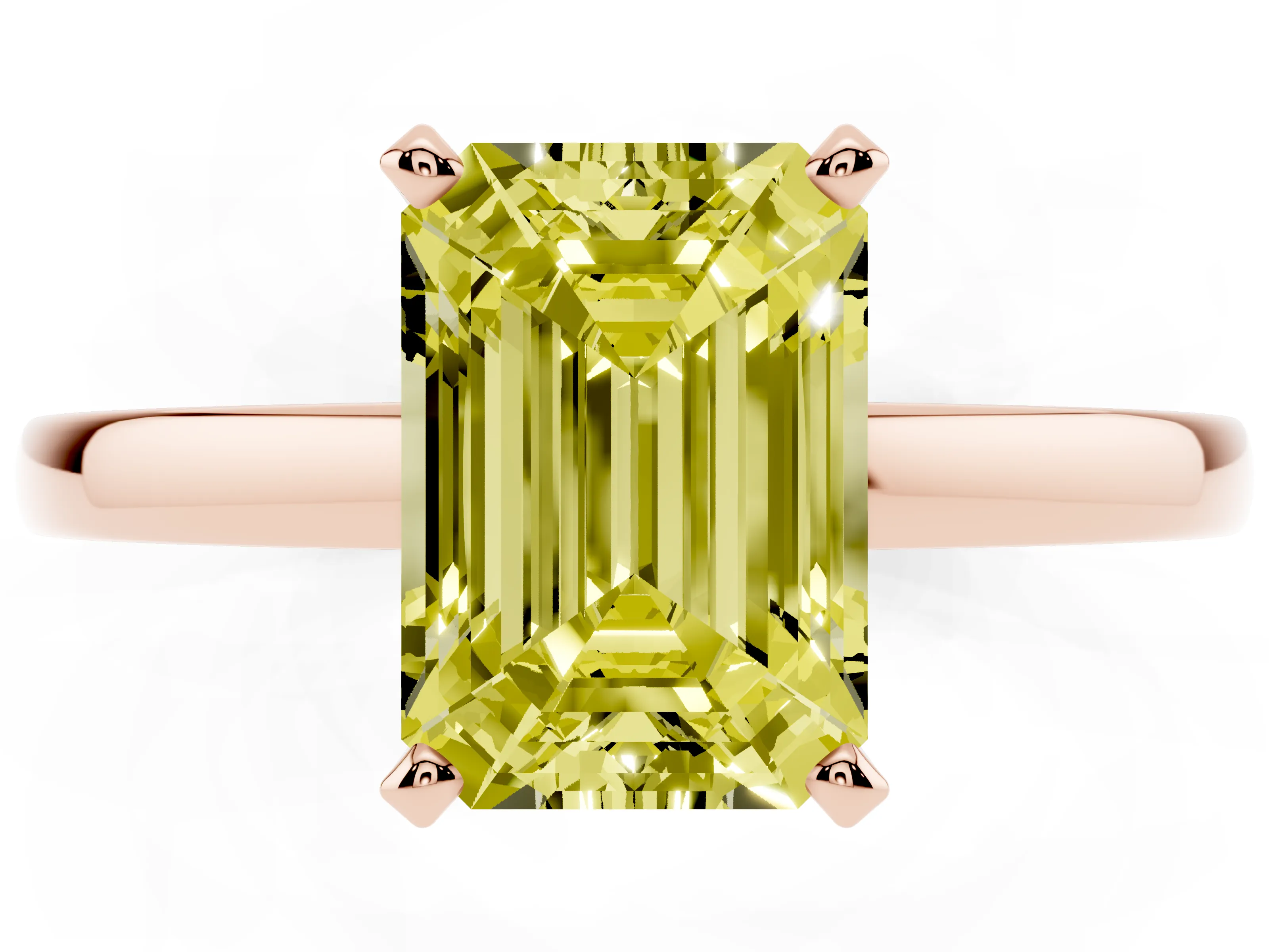 Fancy Yellow Emerald Cut Diamond Solitaire Engagement Ring Set in Rose gold with Prong Setting on a Classic Band