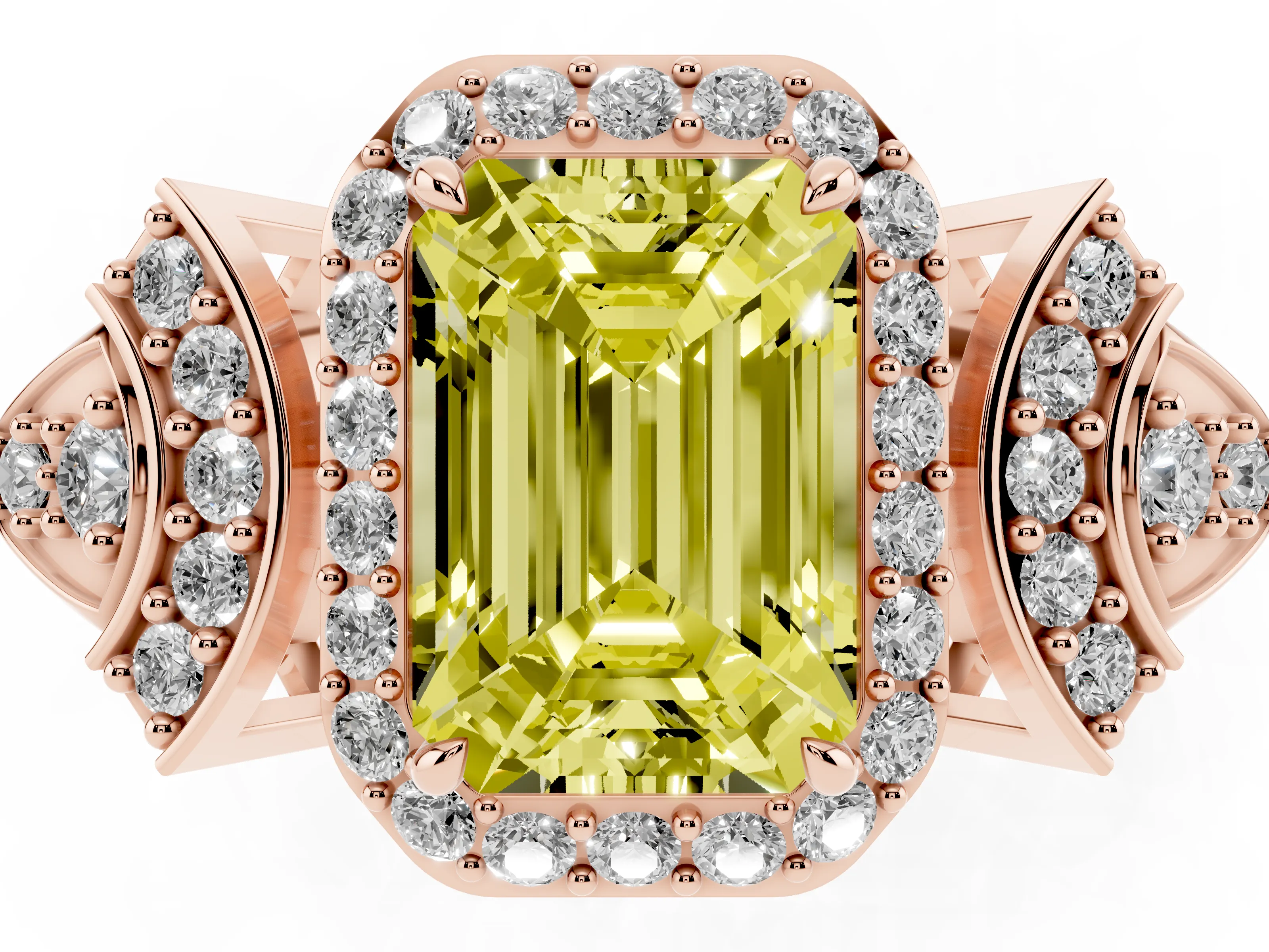 Fancy Yellow Emerald Cut Diamond Halo Engagement Ring Set in Rose gold with Accent Stone Split Shank