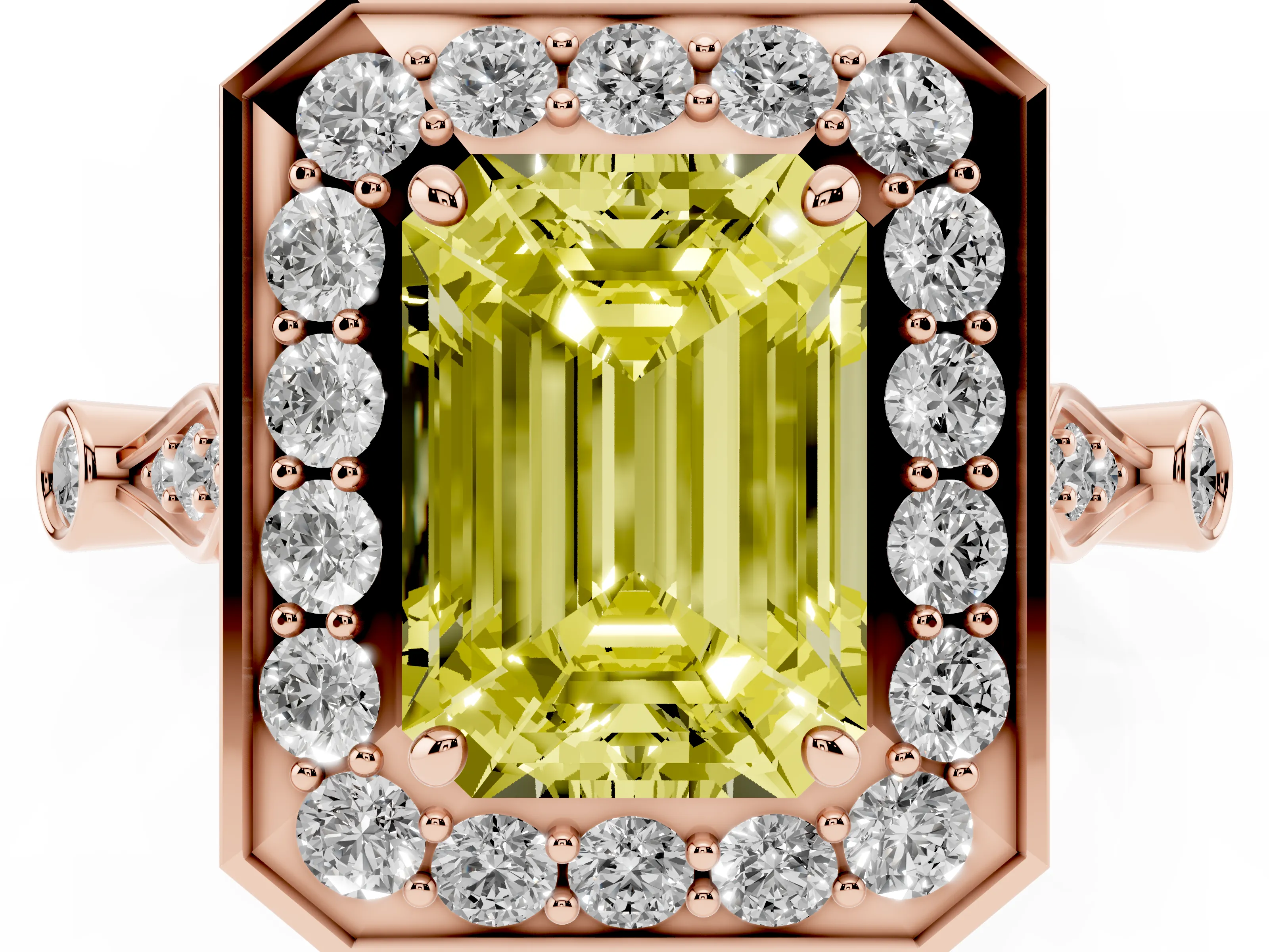 Fancy Yellow Emerald Cut Diamond Halo Engagement Ring Set in Rose gold with Twisted Band and Prong Setting