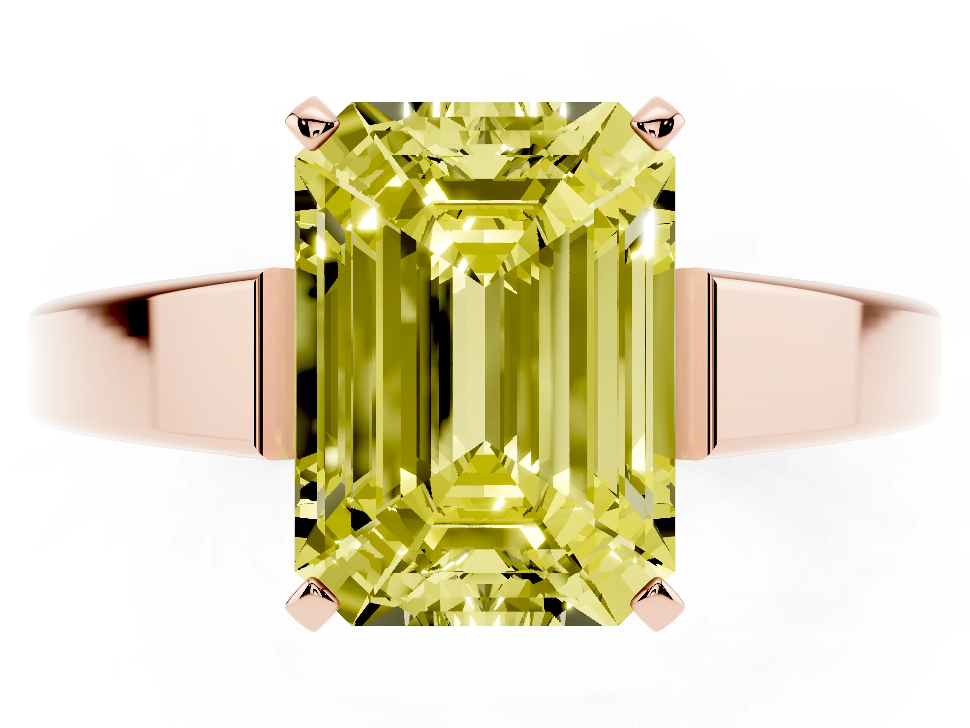 Fancy Yellow Emerald Cut Diamond Solitaire Engagement Ring Set in Rose gold with Prong Setting and Tapered Band