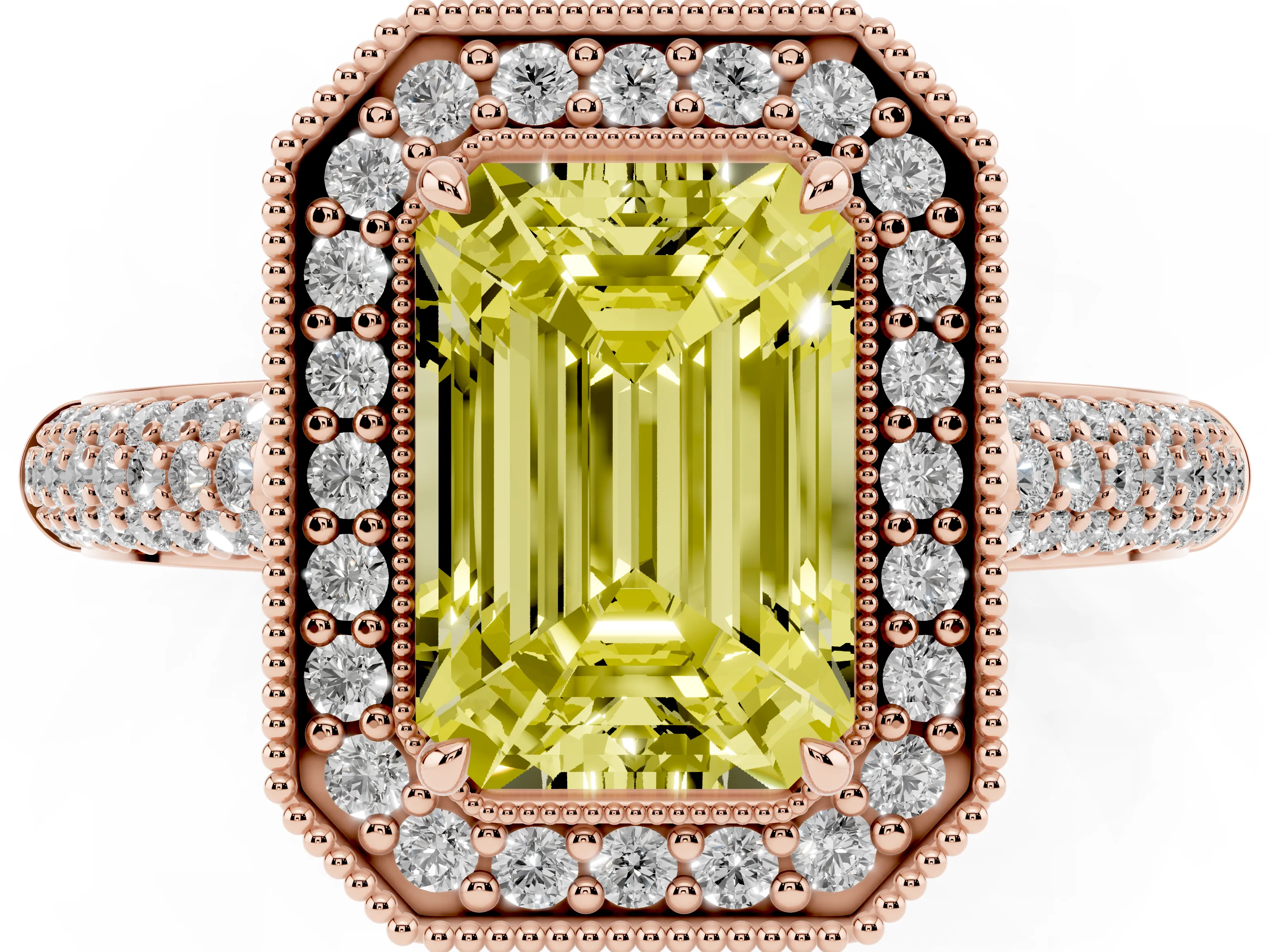 Fancy Yellow Emerald Cut Diamond Halo Pavé Band Set in Rose gold with Prong Setting