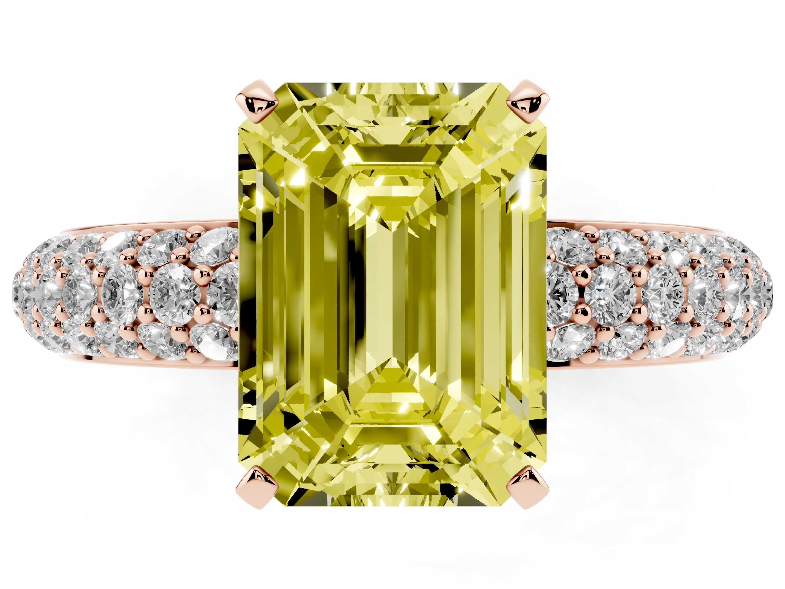Fancy Yellow Emerald Cut Diamond Solitaire Ring Set in Rose gold with Prong Setting and Pavé-Set Band
