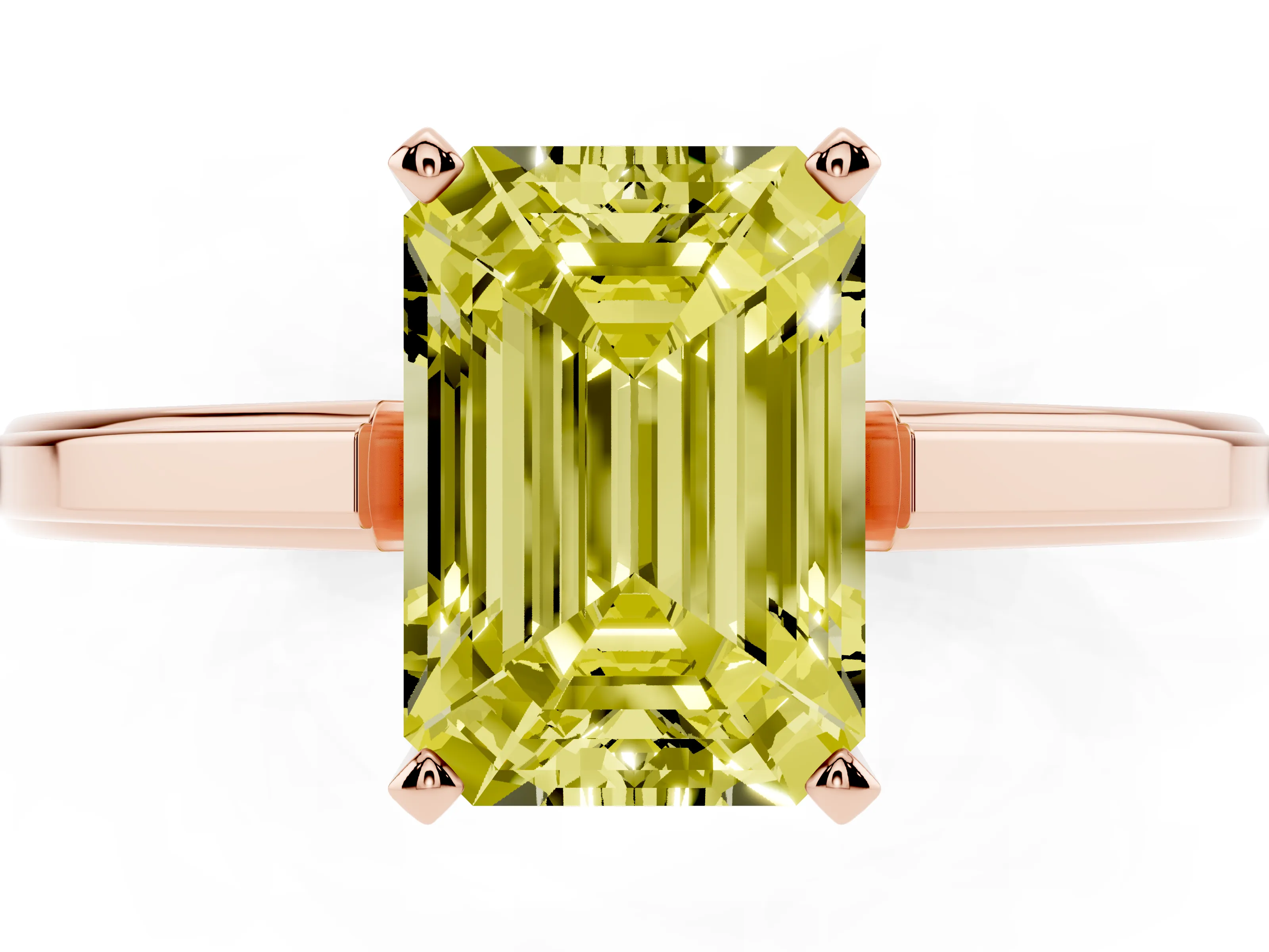 Fancy Yellow Emerald Cut Diamond Solitaire Ring Set in Rose gold with Prong Setting and Classic Band