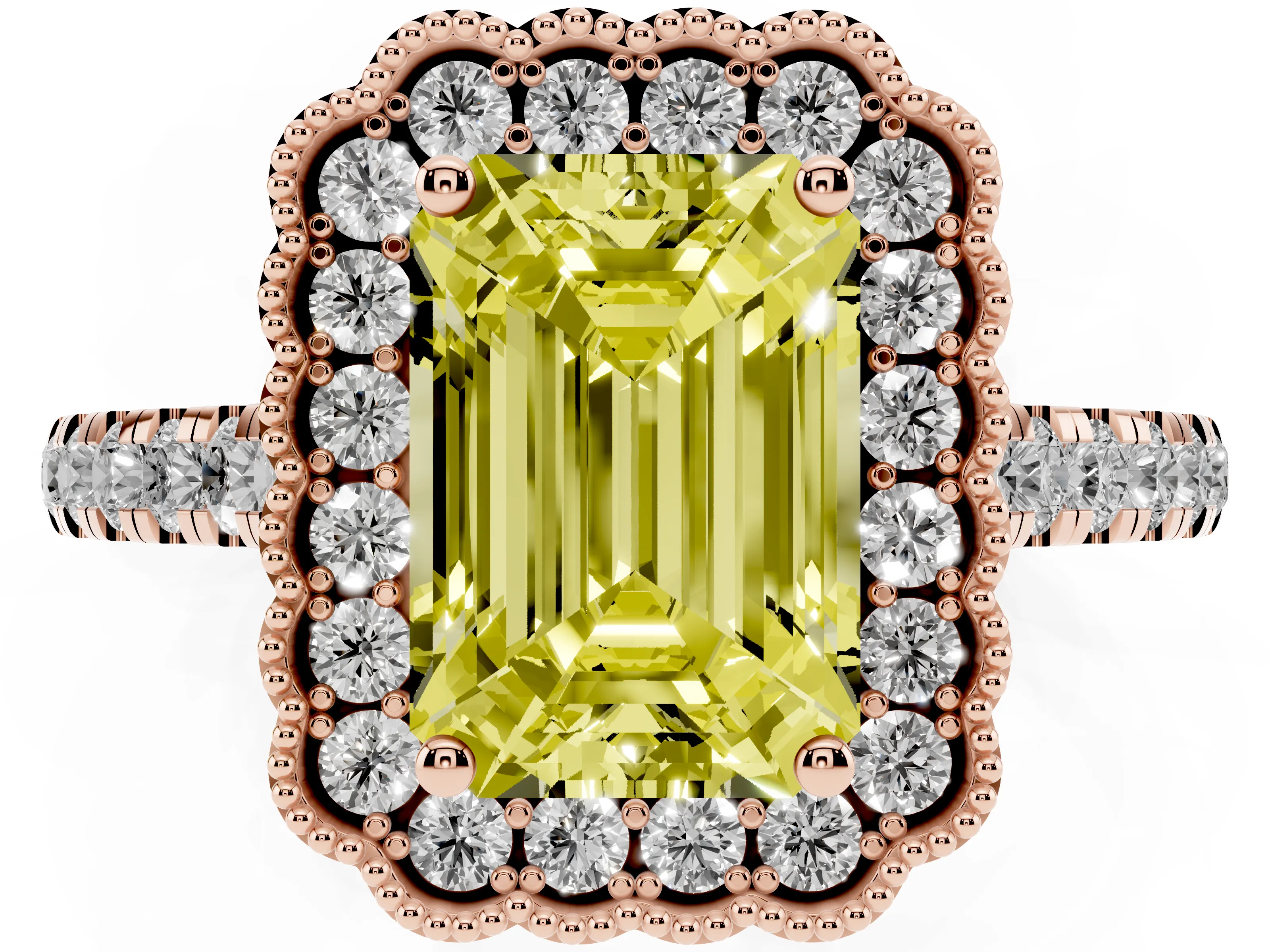 Fancy Yellow Emerald Cut Diamond Milgrain Floral Halo Engagement Ring Set in Rose gold with Pavé Band